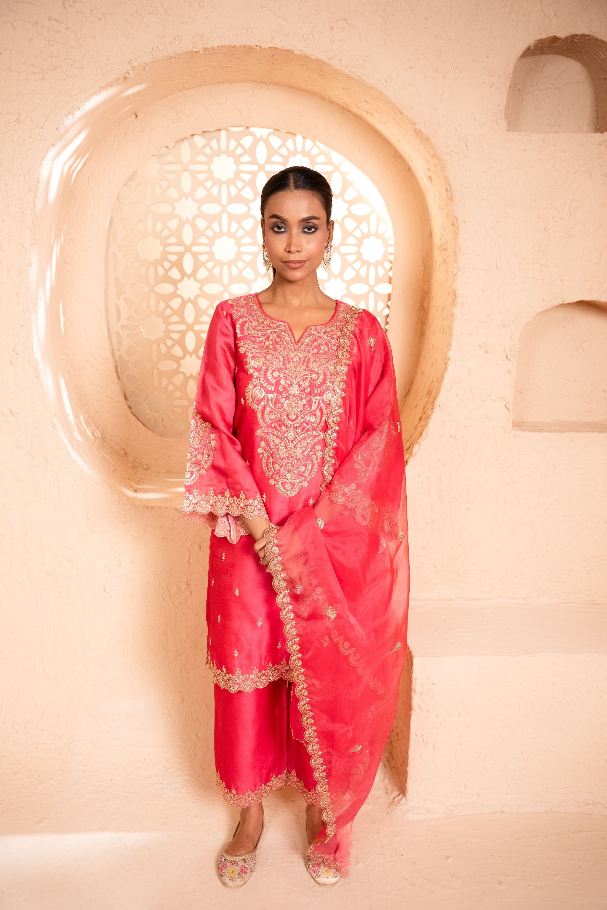 Khwaab Chanderi Embroidered Bright Pink A-Line Suit Set