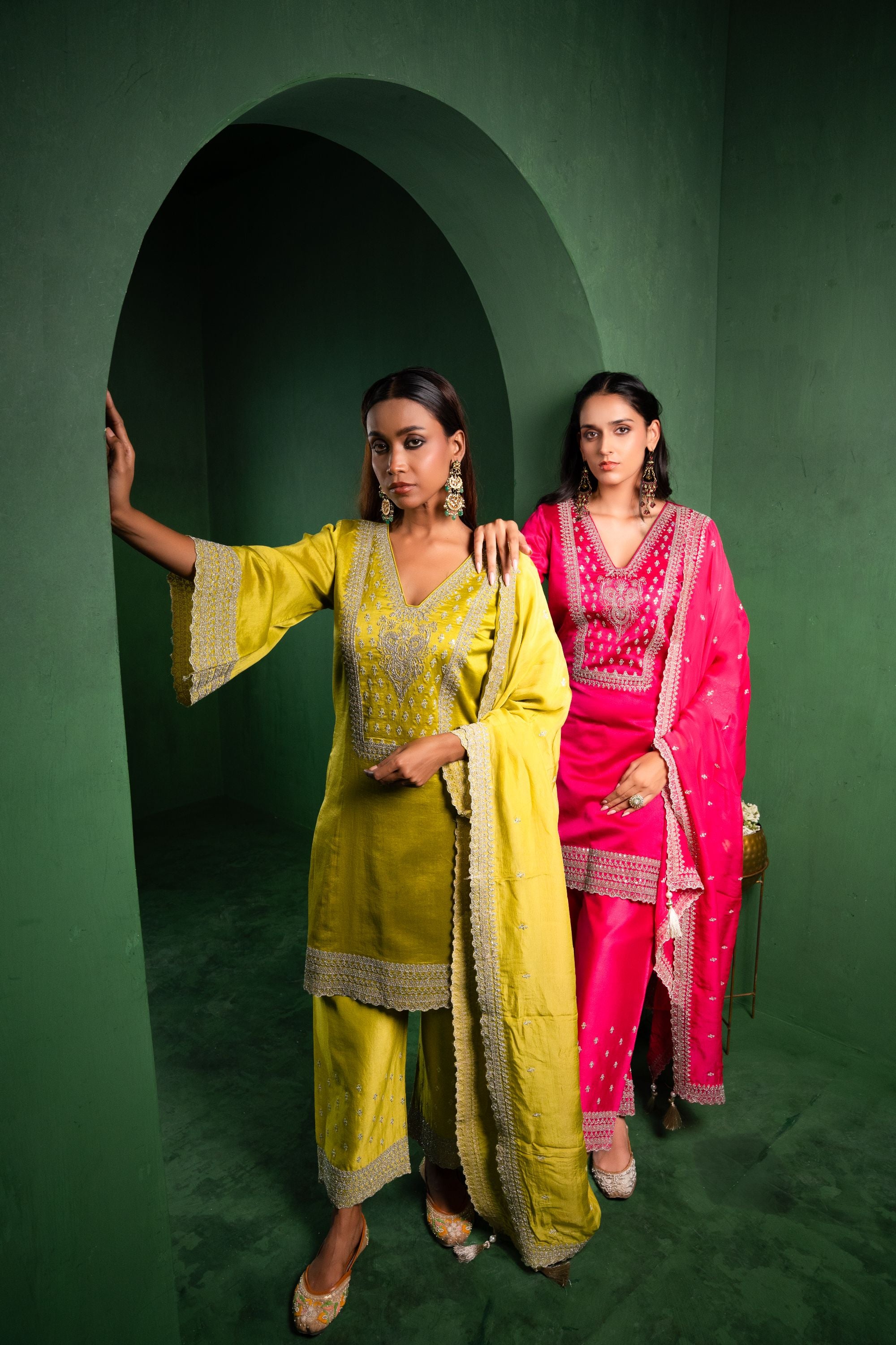 Ehsaas Silk Chanderi Embroidered Raspberry A-Line Suit Set