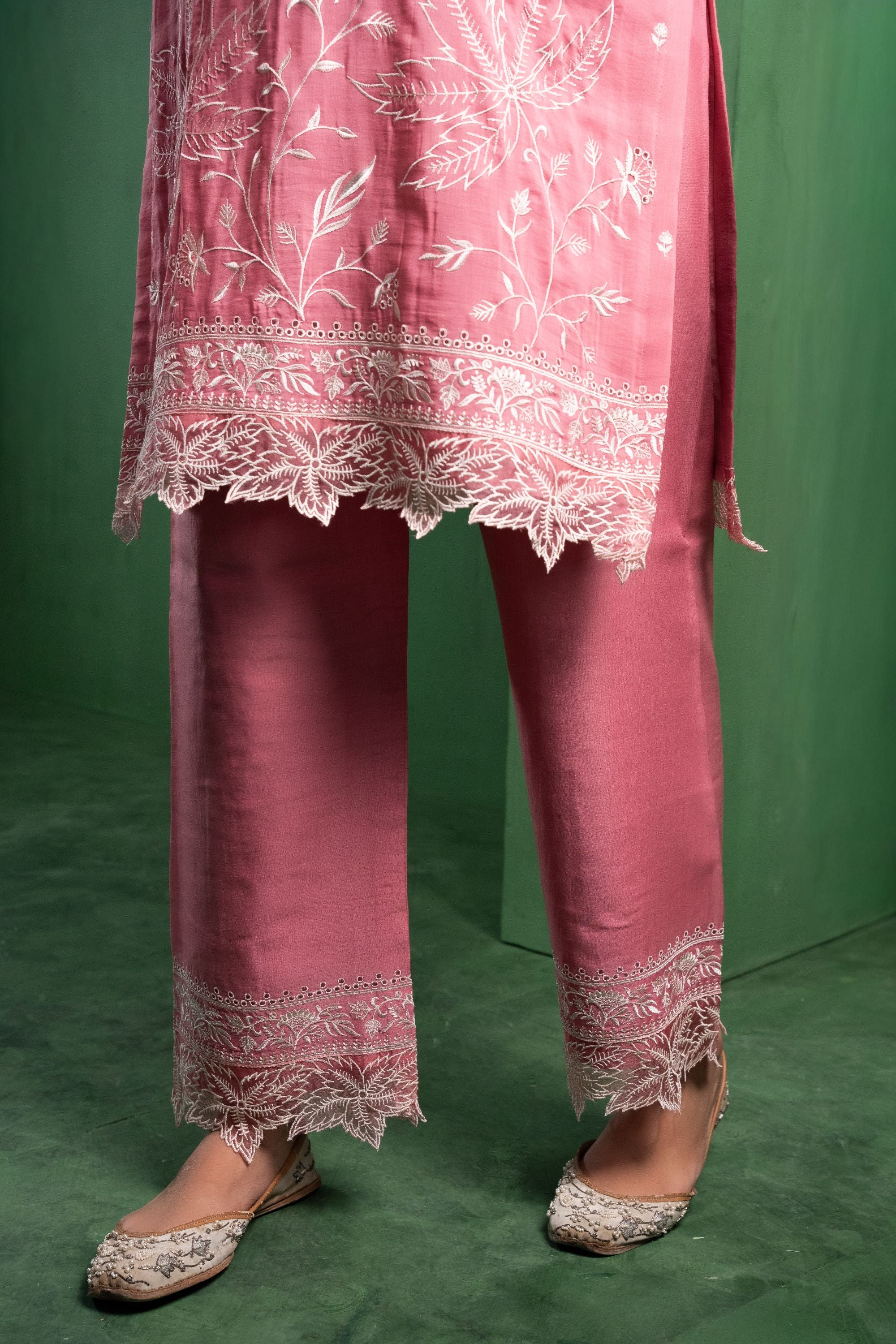 Ruh Mul Chanderi Embroidered Baby Pink A-Line Suit Set