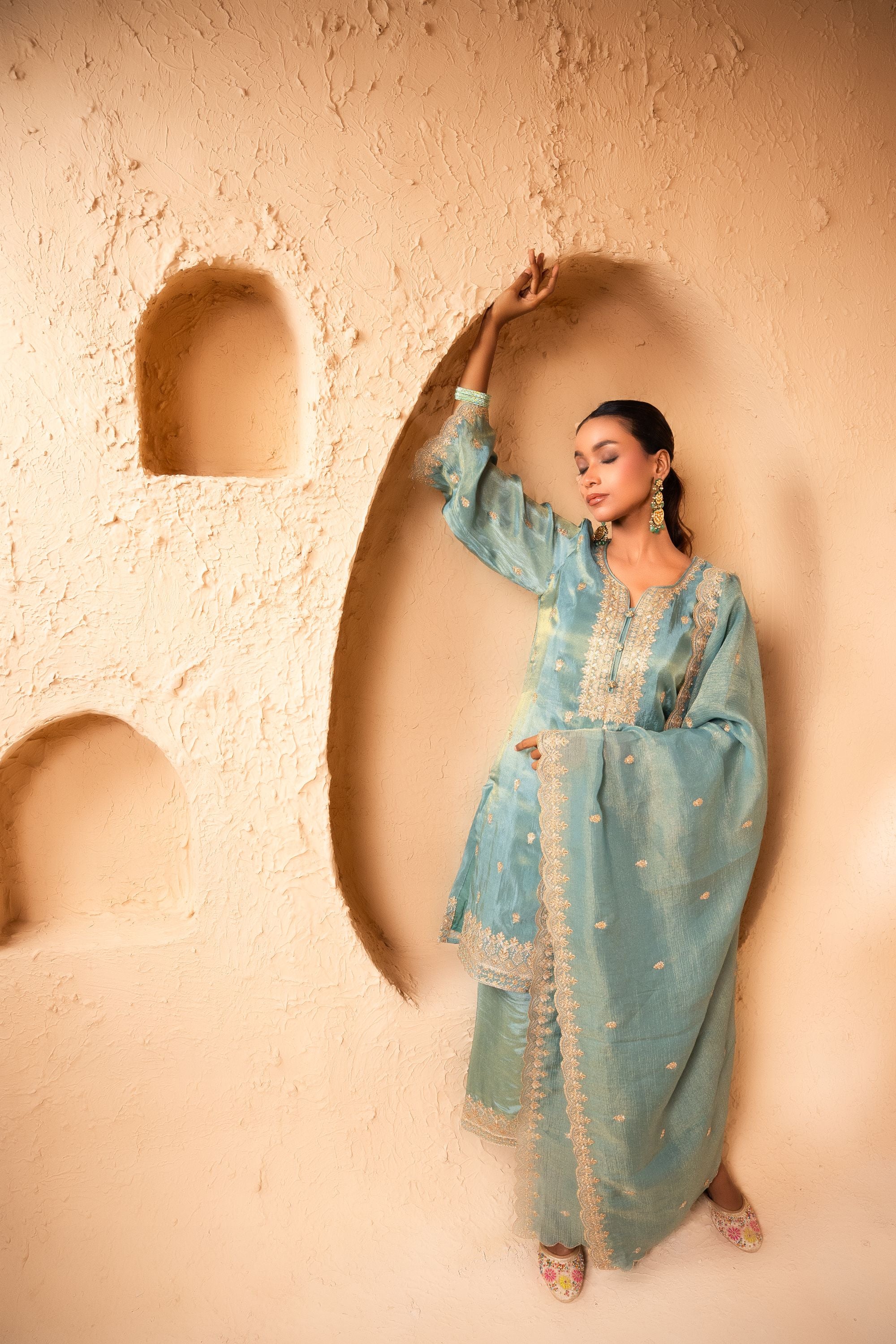 Leher Tissue Embroidered Sky Blue A-Line Suit Set