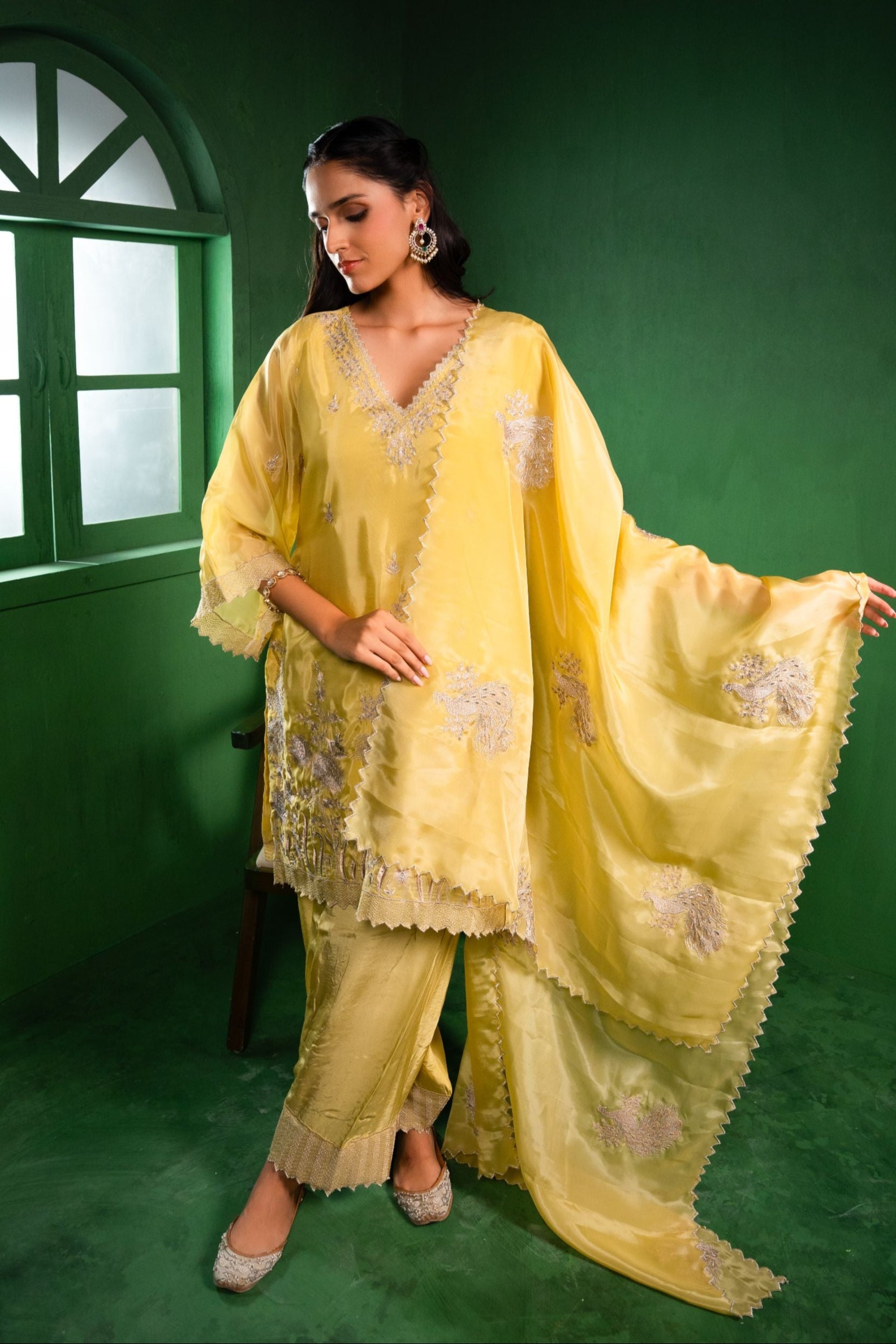 Rang Organza Embroidered Yellow A-Line Kurta with Farsi Salwar
