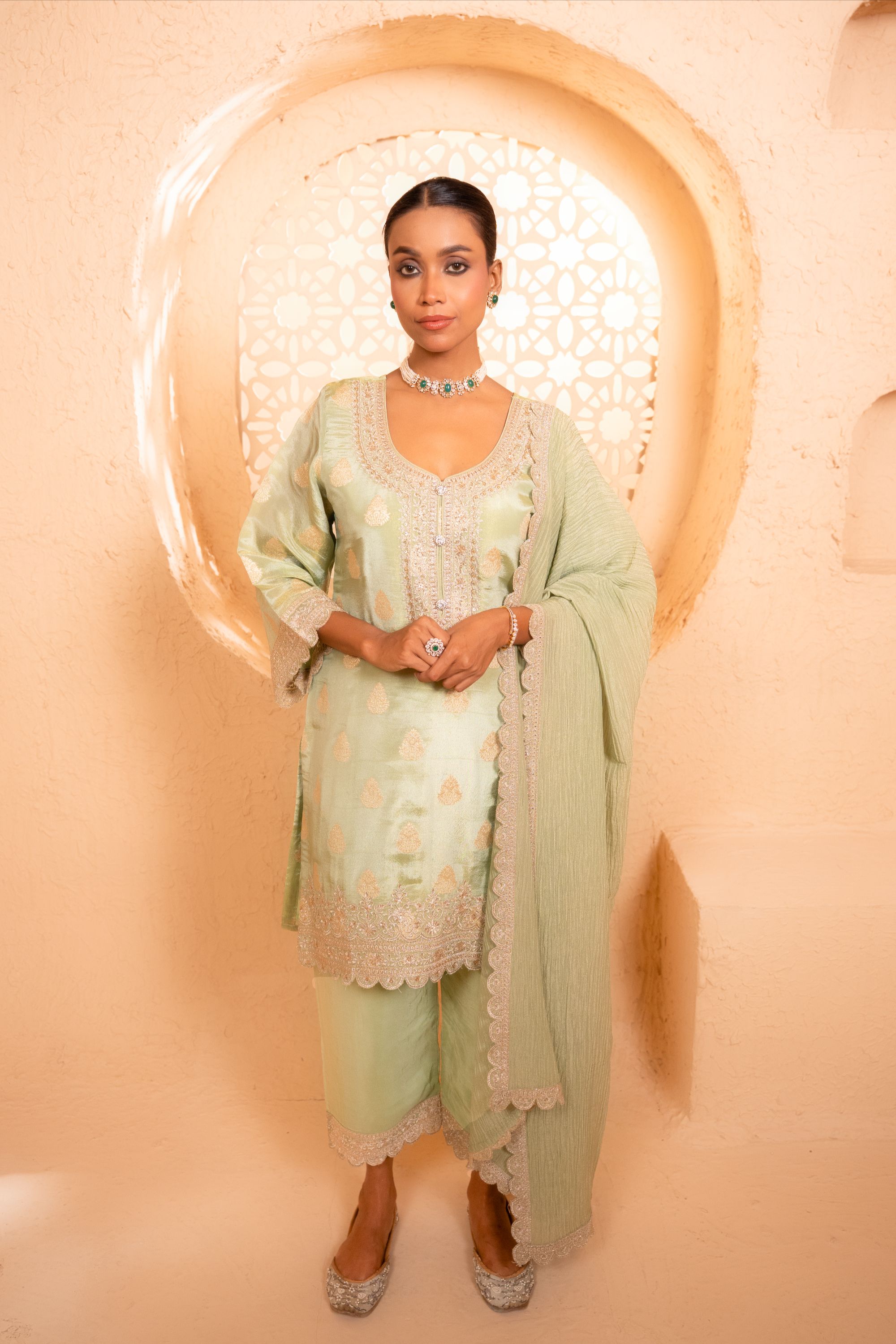 Isvan Tissue Embroidered Green A-Line Suit Set