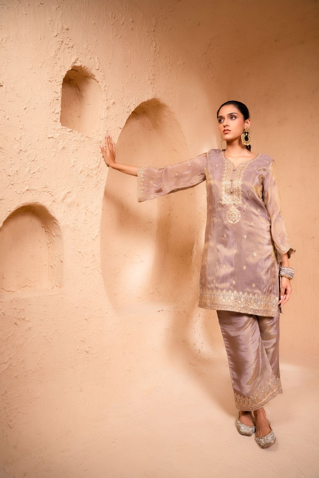 Leher Tissue Embroidered Lavender A-Line Suit Set