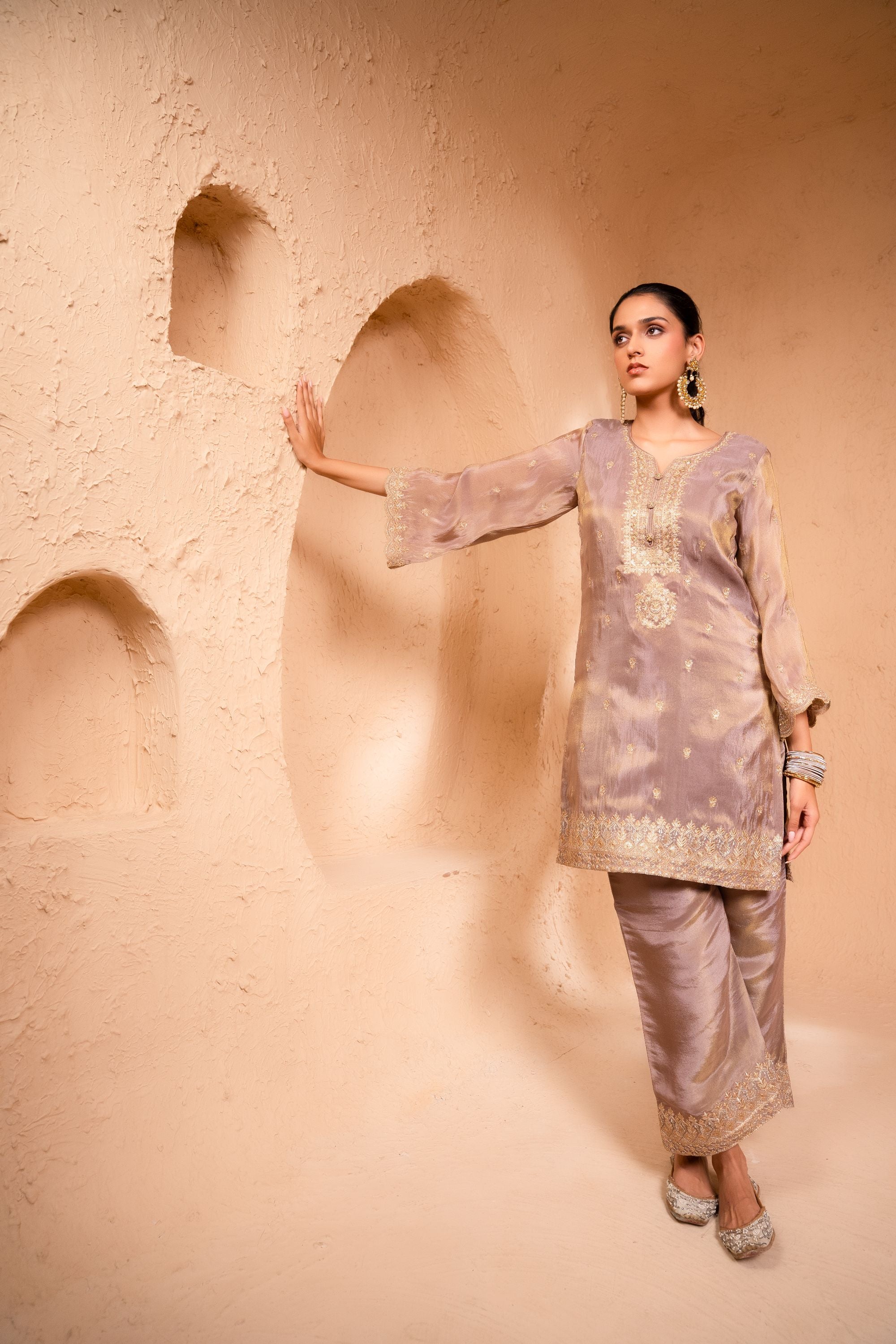 Leher Tissue Embroidered Lavender A-Line Suit Set