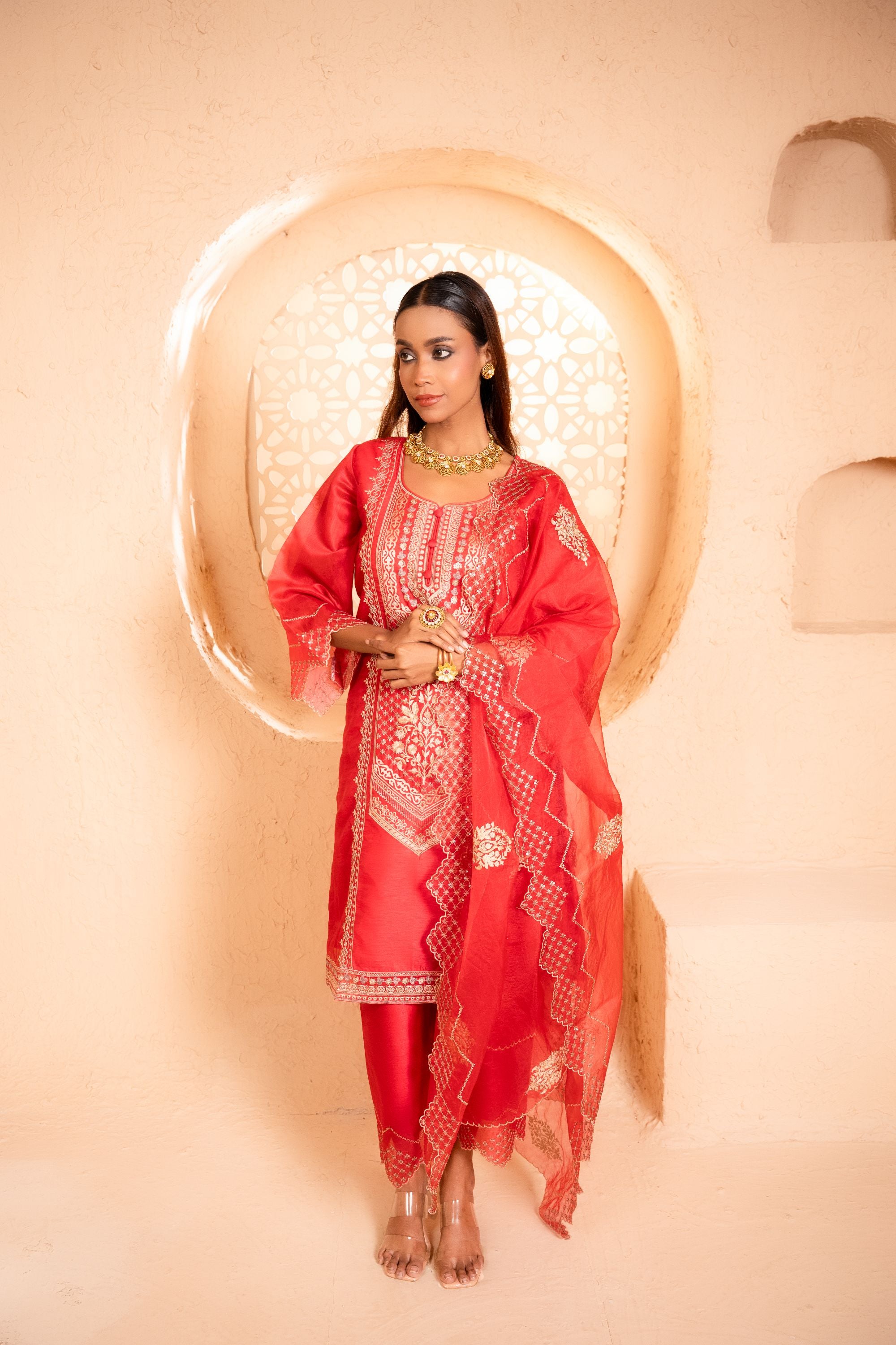 Sanjh Chanderi Embroidered Red A-Line Suit Set