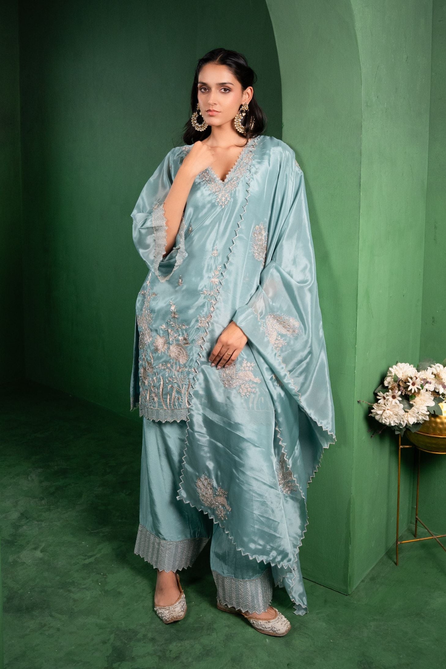 Rang Organza Embroidered Cadet Blue A-Line Kurta with Farsi Salwar