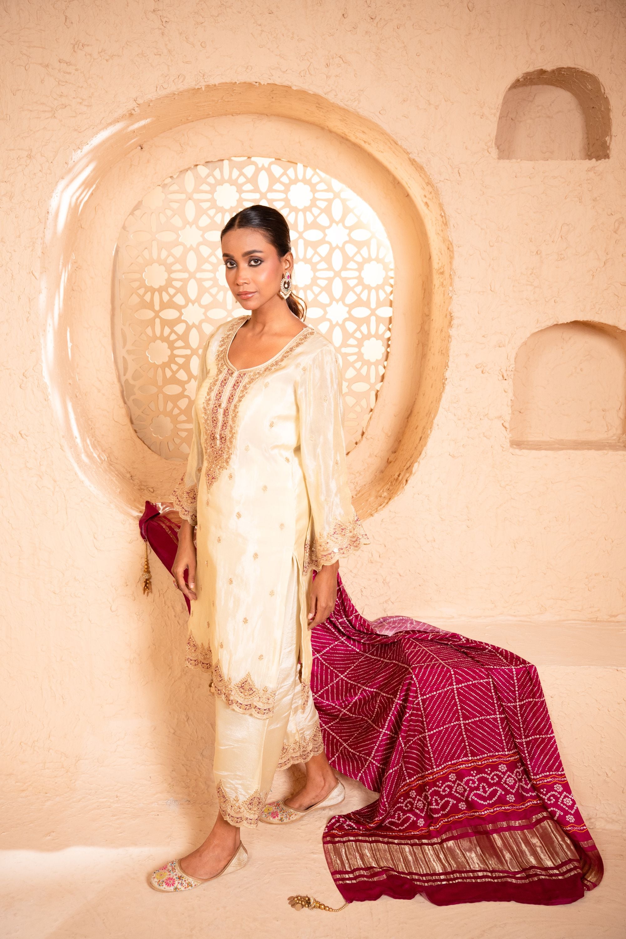 Sargi Tissue Embroidered Cream A-Line Suit Set