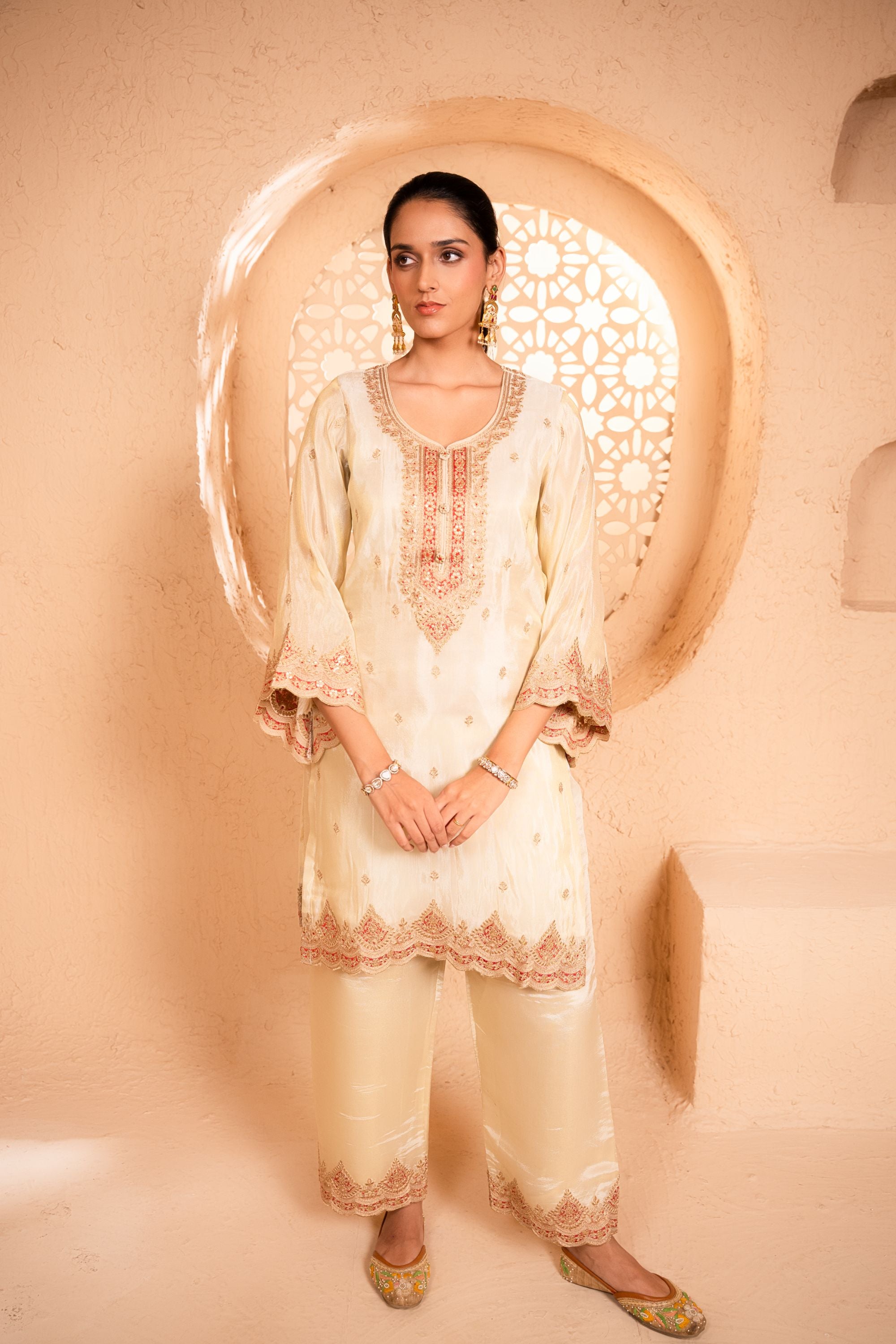 Sargi Tissue Embroidered Cream A-Line Suit Set