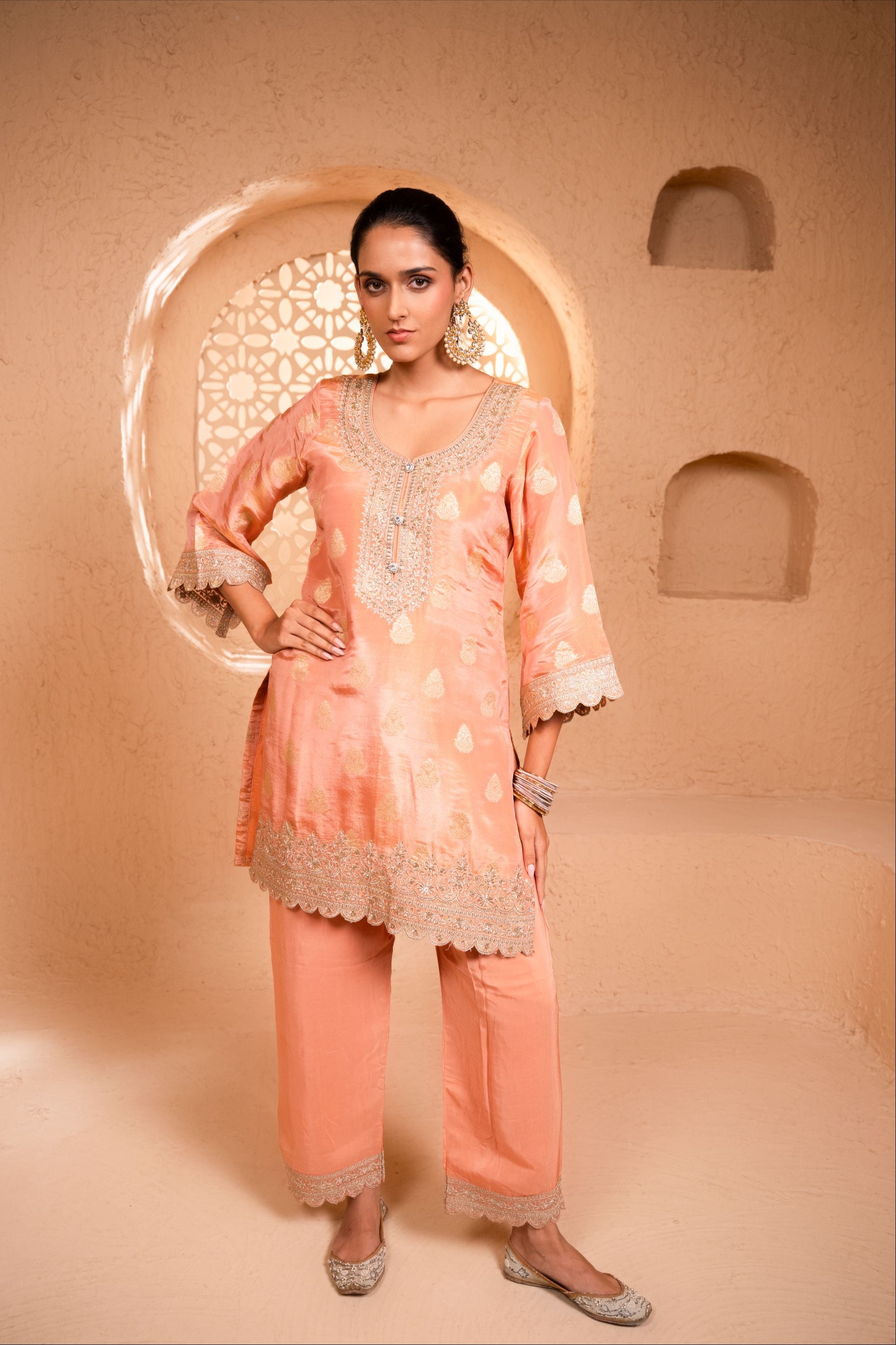 Isvan Tissue Embroidered Peach A-Line Suit Set