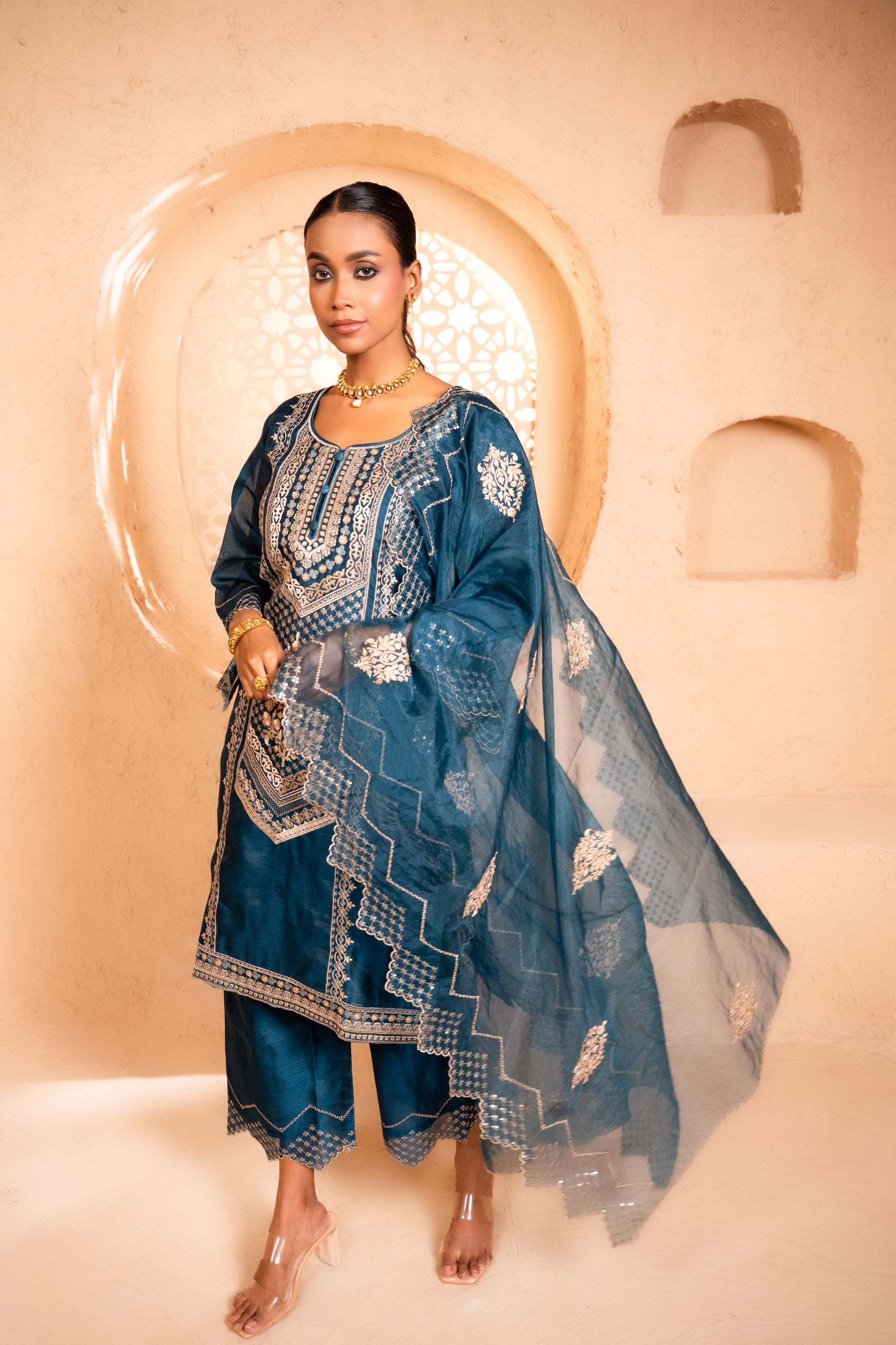 Sanjh Chanderi Embroidered Navy Blue A-Line Suit Set