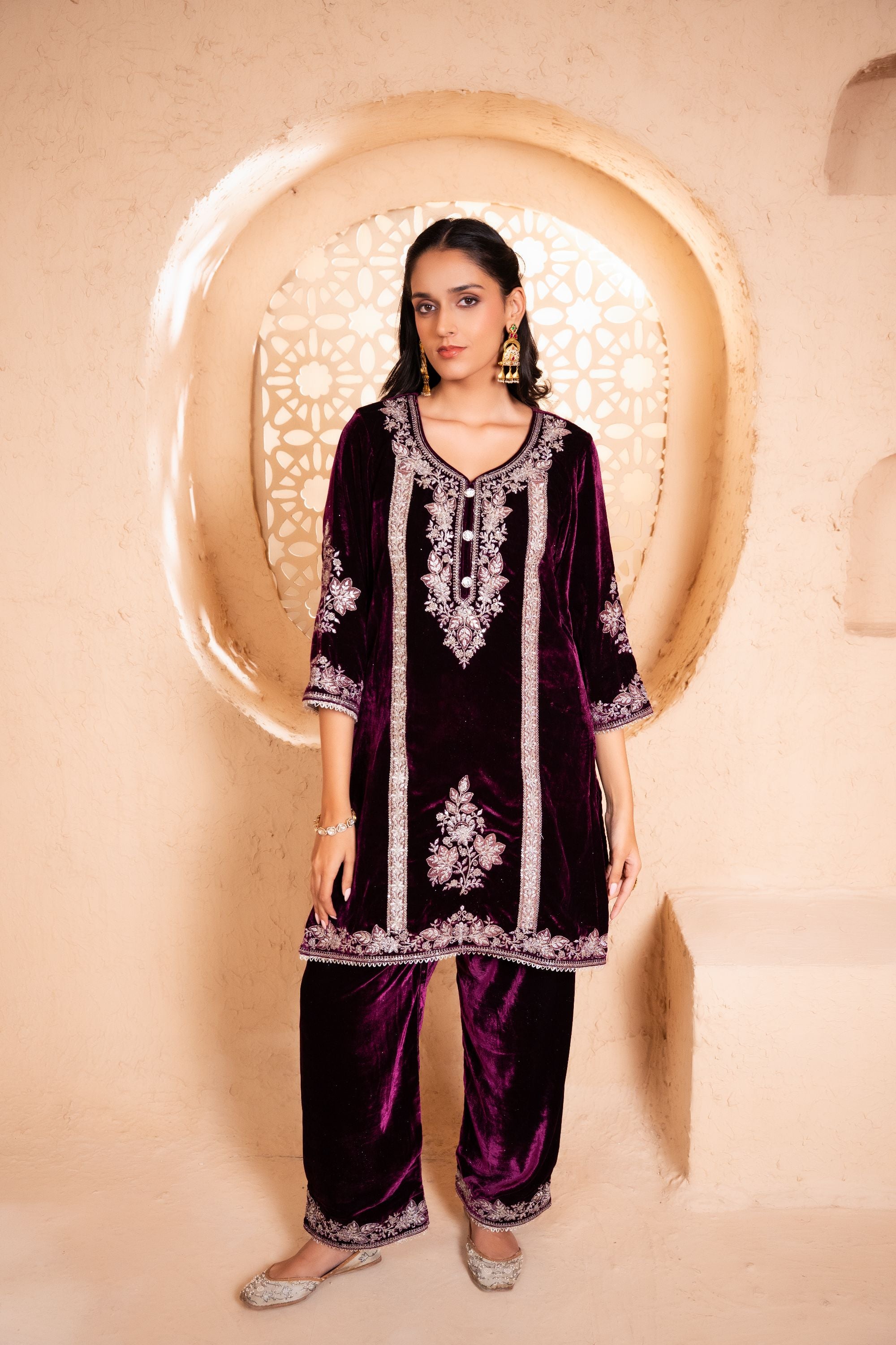 Zariya Silk Velvet Embroidered Wine A-Line Suit Set