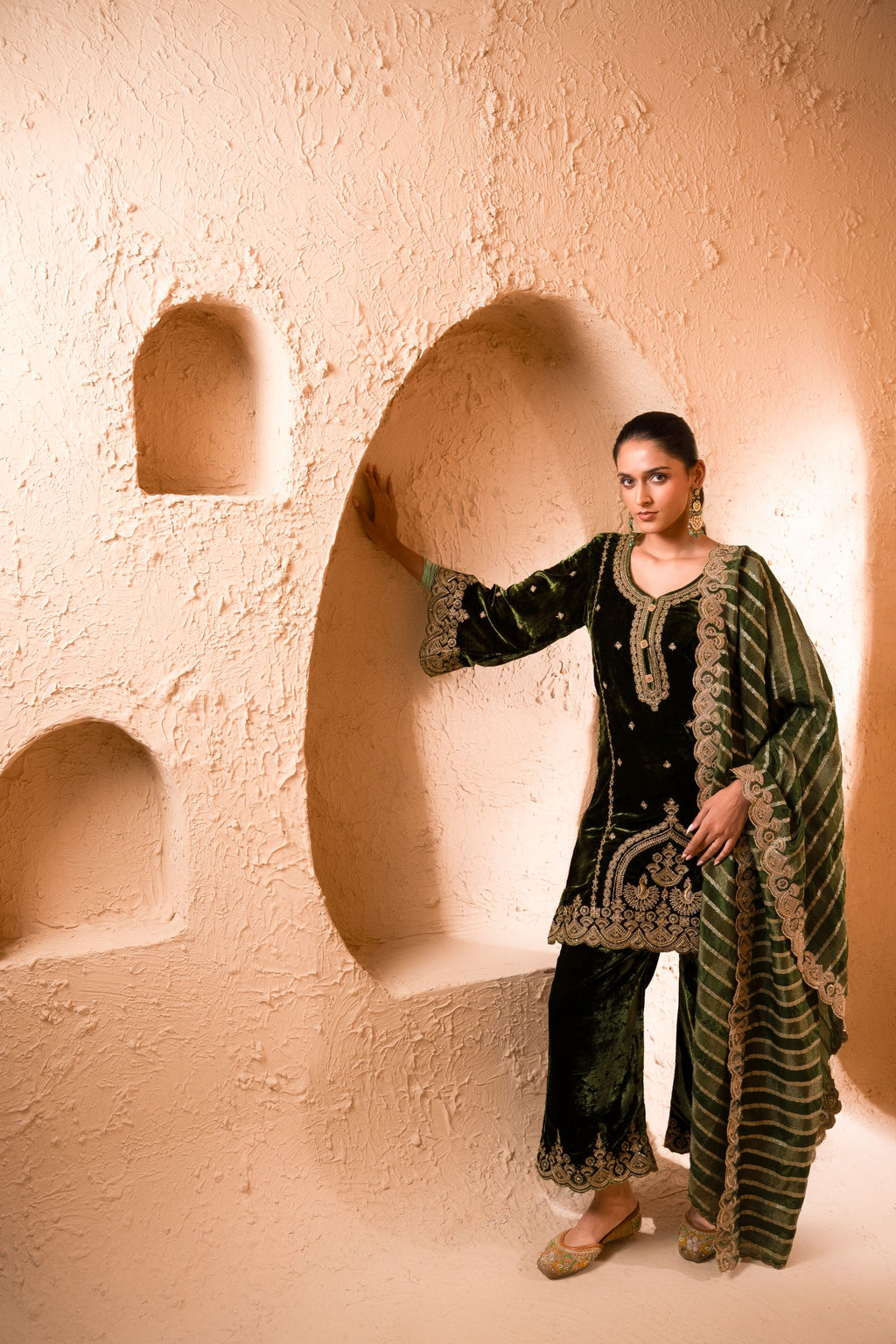 Saaz Silk Velvet Embroidered Mehndi Green A-Line Suit Set