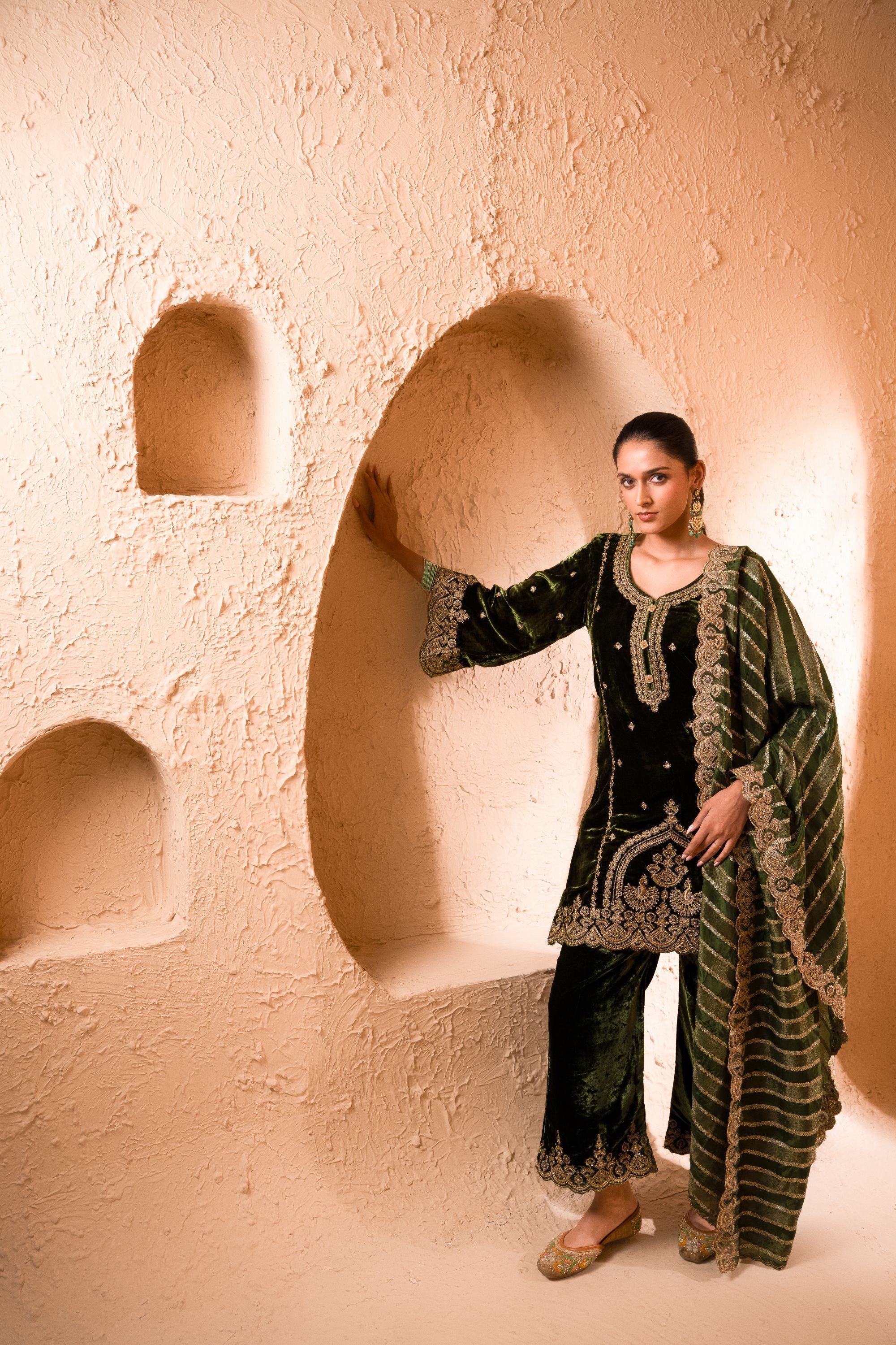 Saaz Silk Velvet Embroidered Mehndi Green A-Line Suit Set