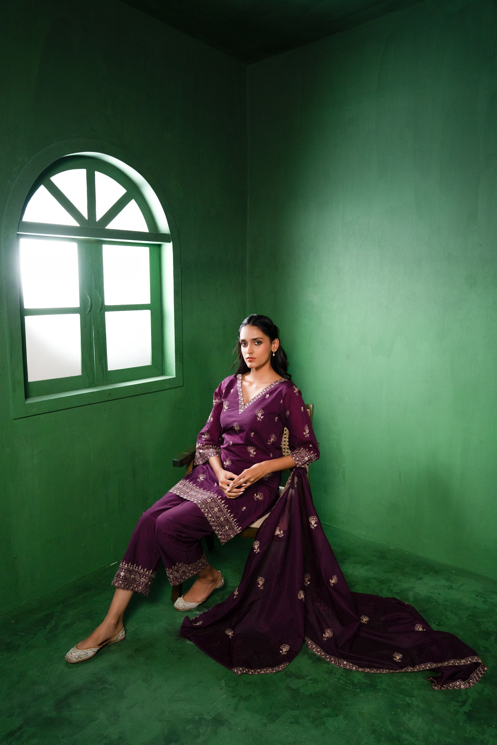 Noor Chanderi Embroidered Burgundy A-Line Suit Set
