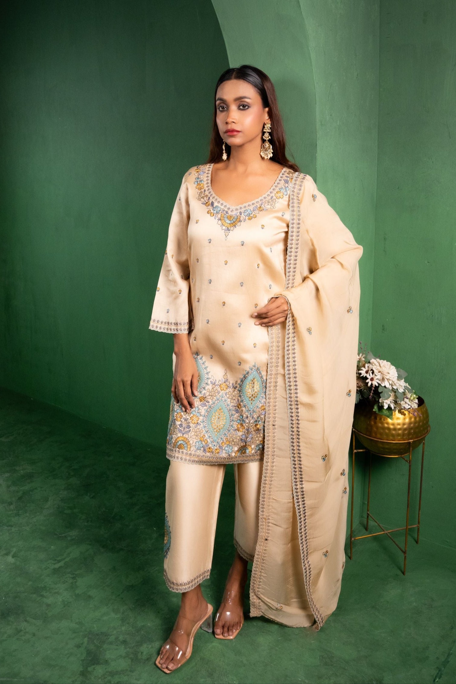 Meher Silk Chanderi Embroidered Beige A-Line Suit Set