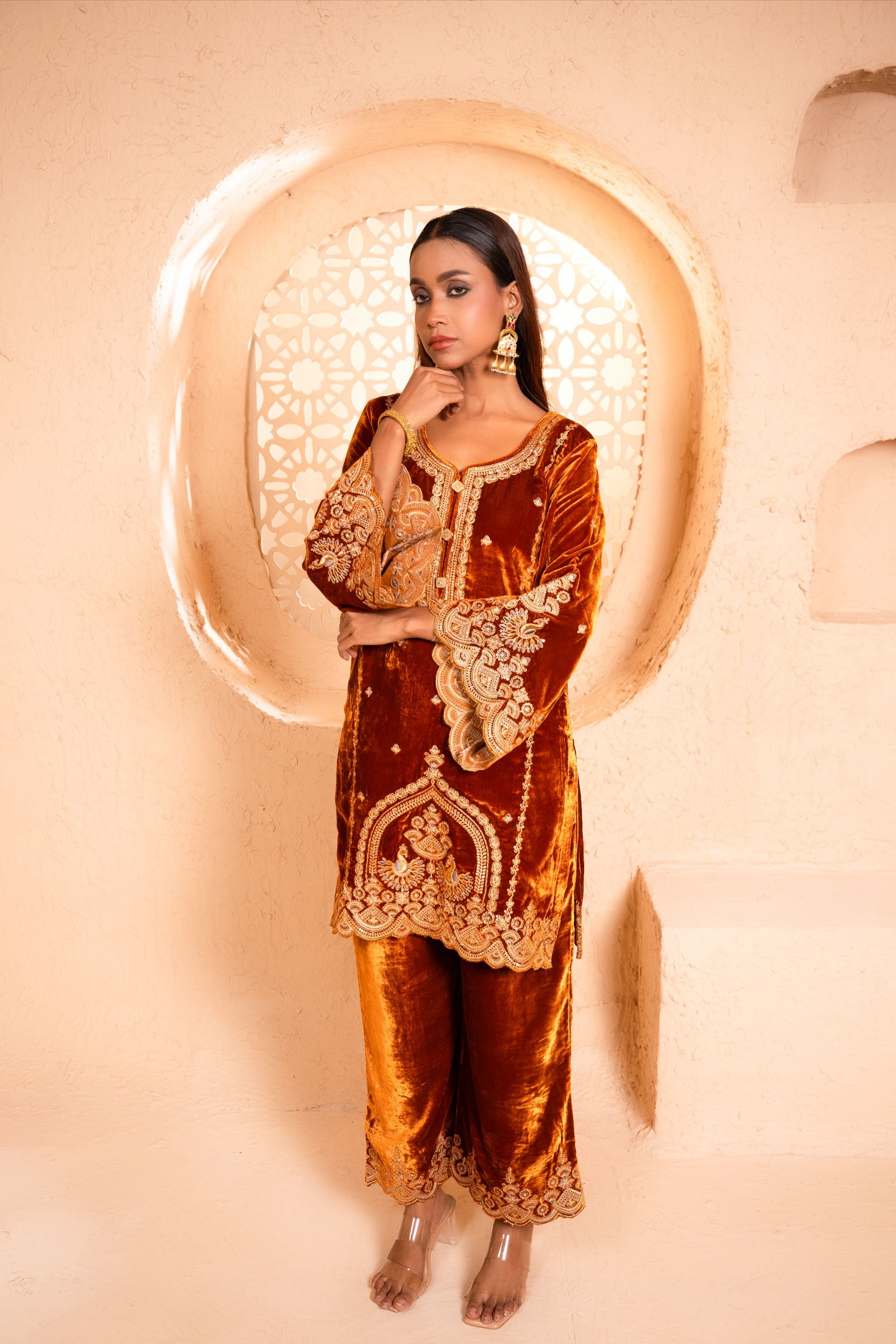 Saaz Silk Velvet Embroidered Rust A-Line Suit Set