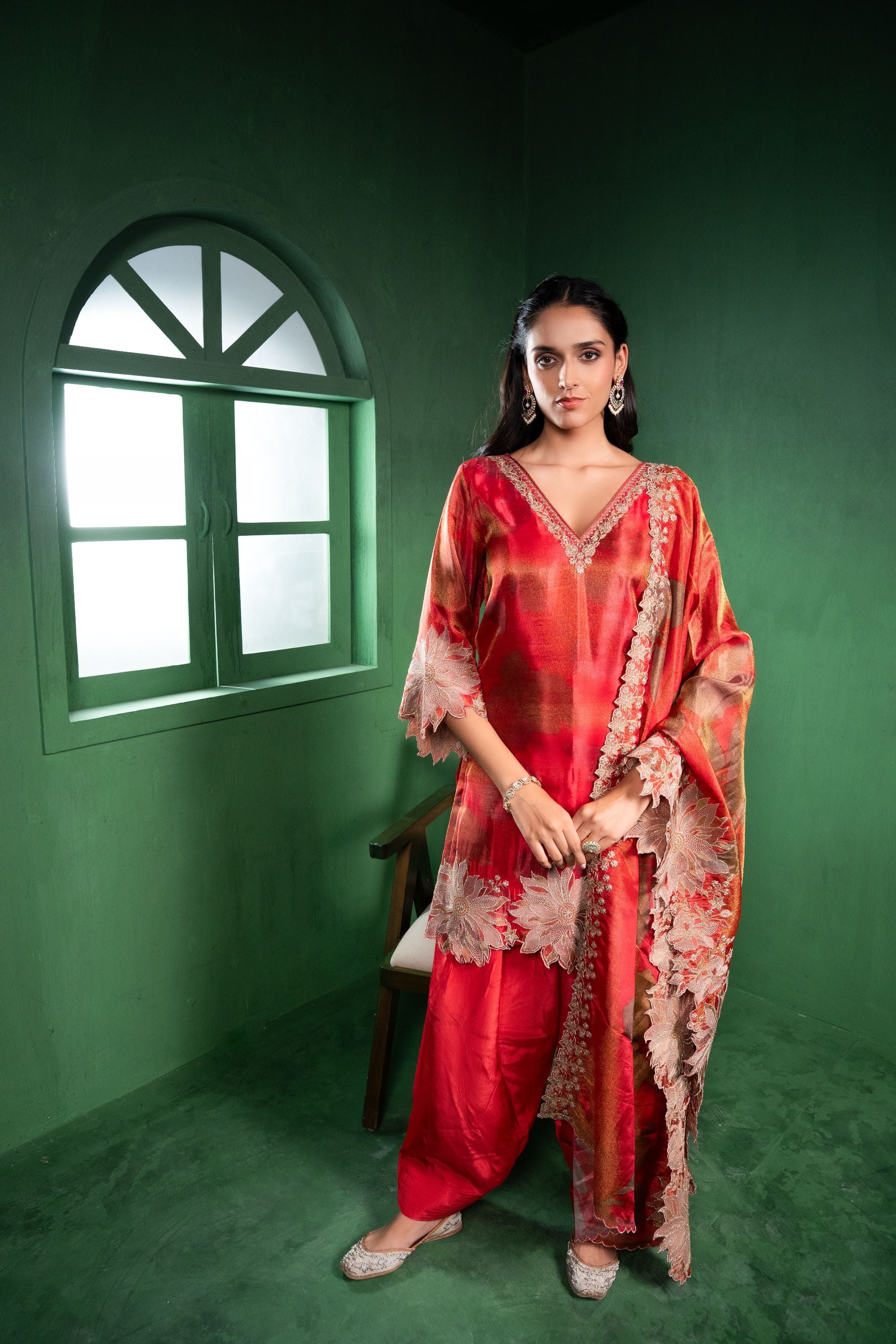 Aas Tissue Embroidered Red A-Line Kurta with Farsi Salwar