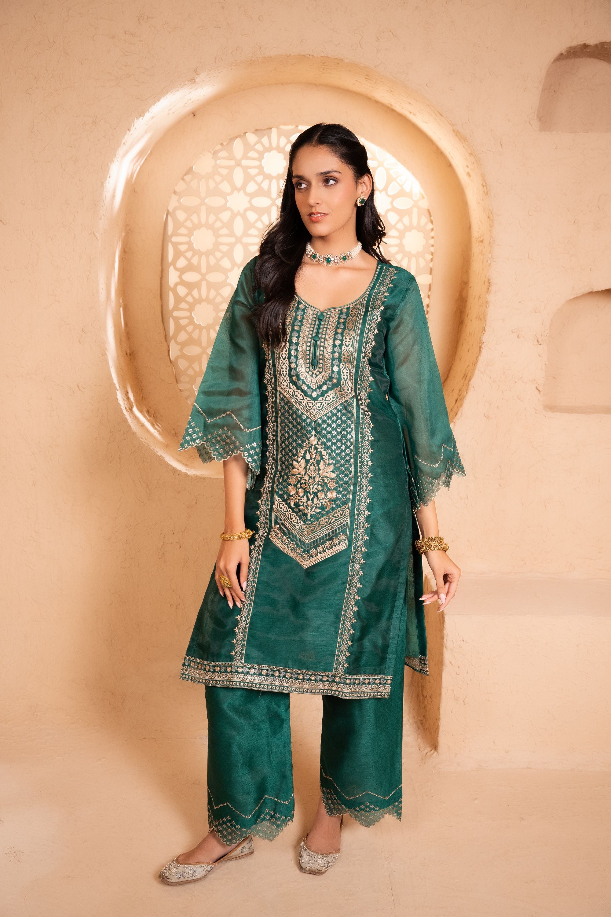 Sanjh Chanderi Embroidered Emerald A-Line Suit Set