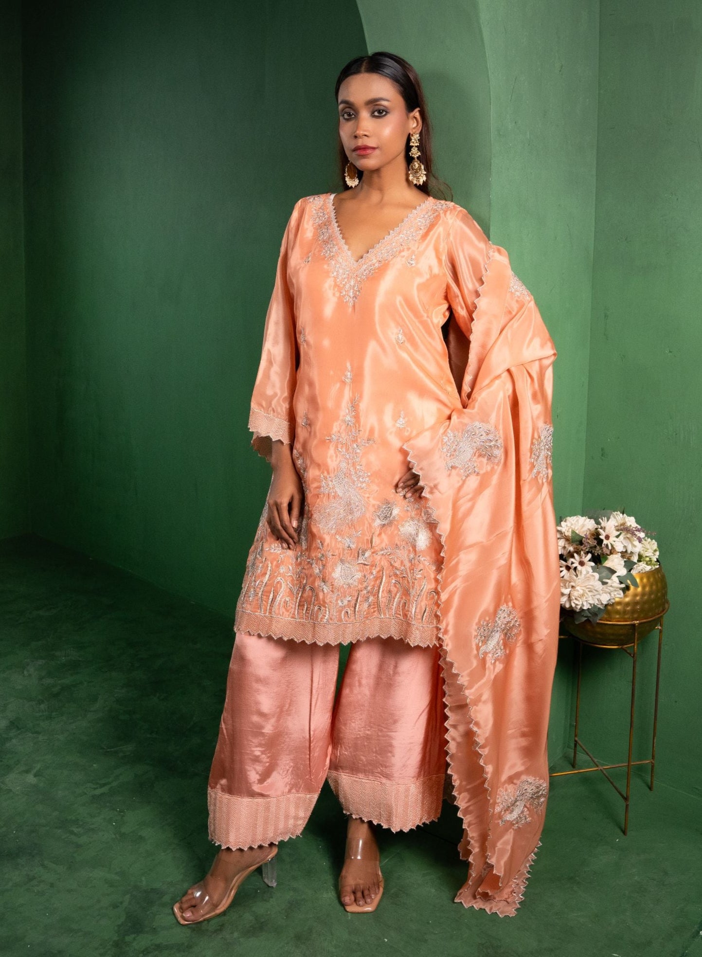 Rang Organza Embroidered Peach A-Line Kurta with Farsi Salwar