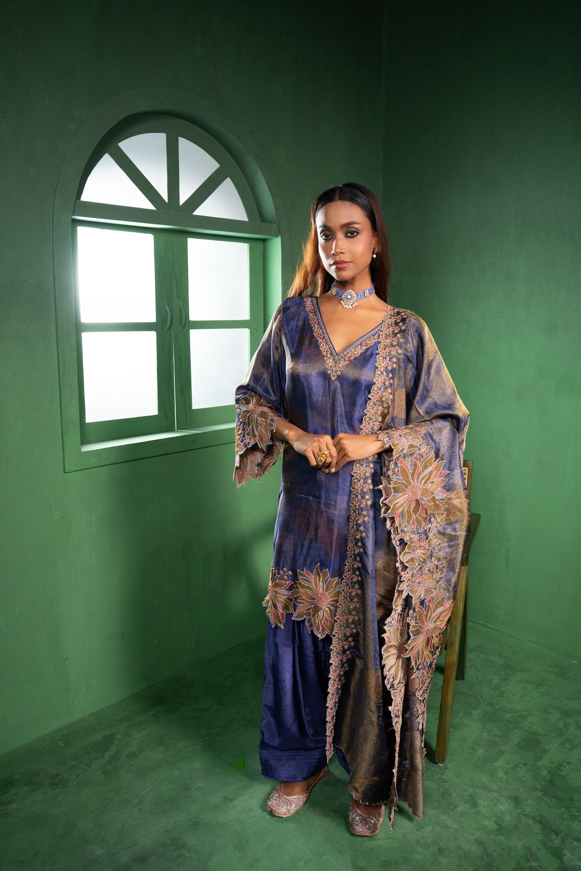 Aas Tissue Embroidered Violet A-Line Kurta with Farsi Salwar