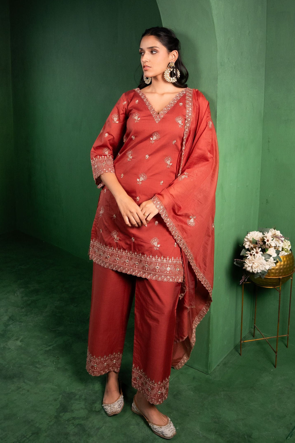 Noor Chanderi Embroidered Rust A-Line Suit Set