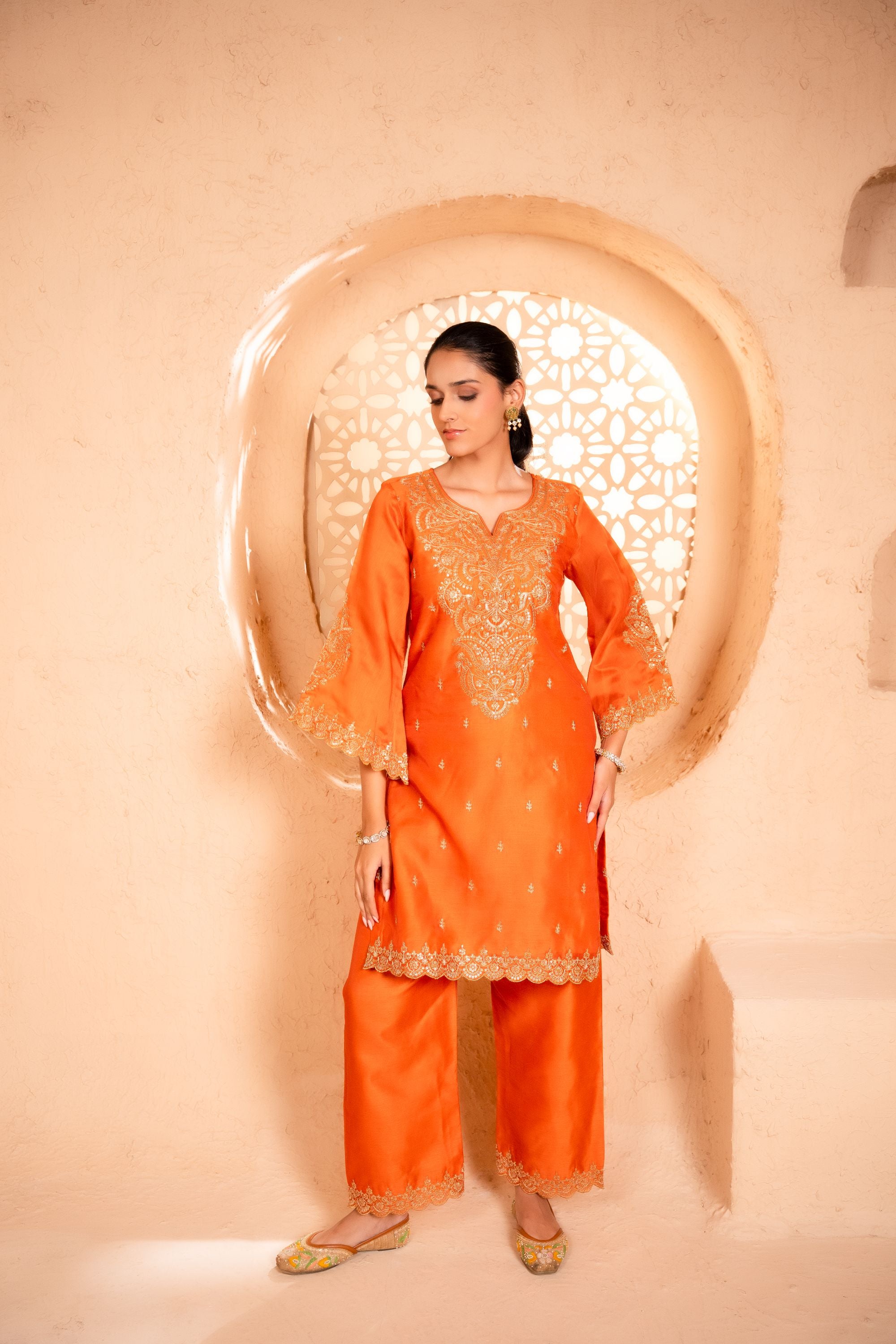 Khwaab Chanderi Embroidered Orange A-Line Suit Set