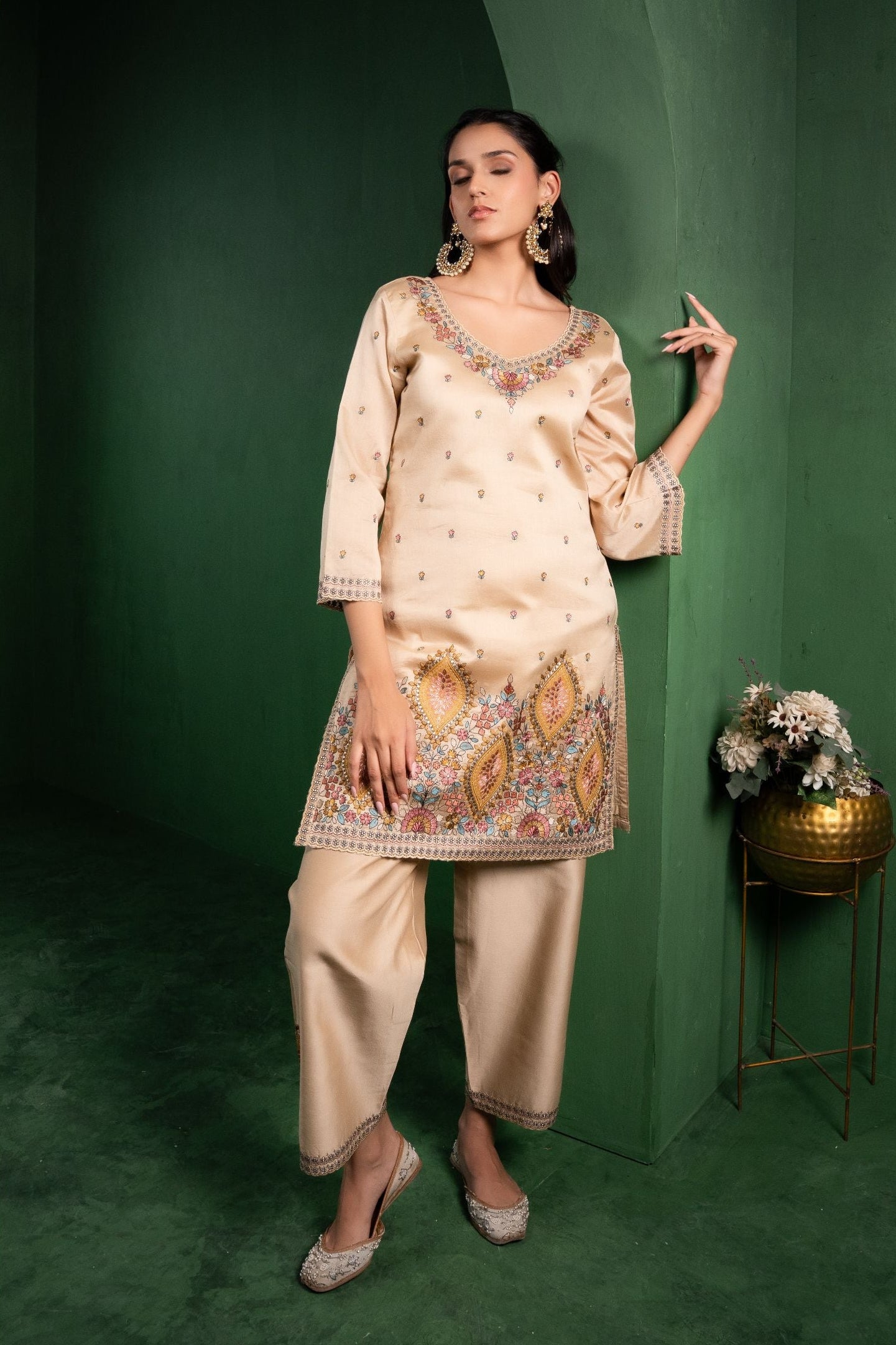 Meher Silk Chanderi Embroidered Beige A-Line Suit Set
