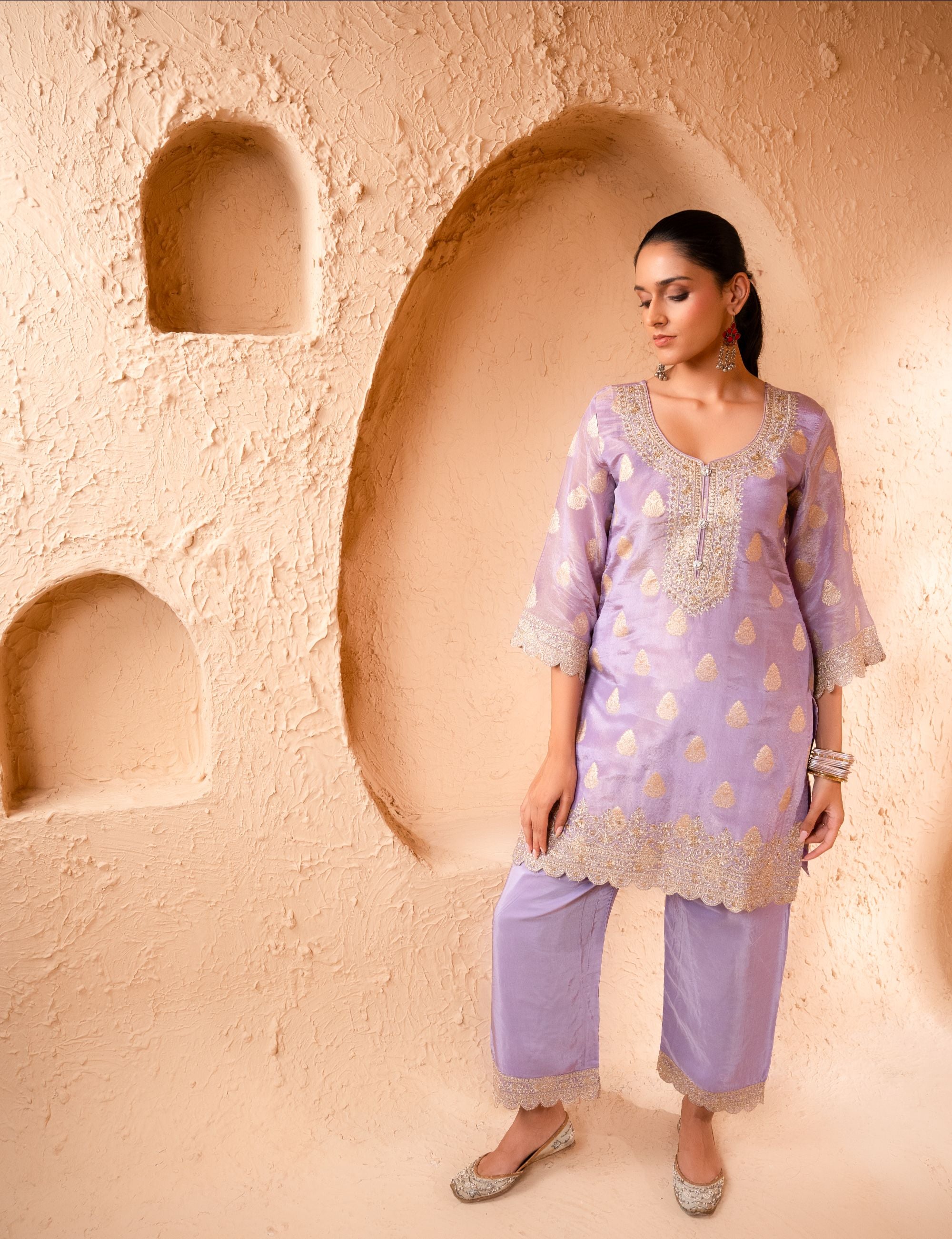 Isvan Tissue Embroidered Lavender A-Line Suit Set