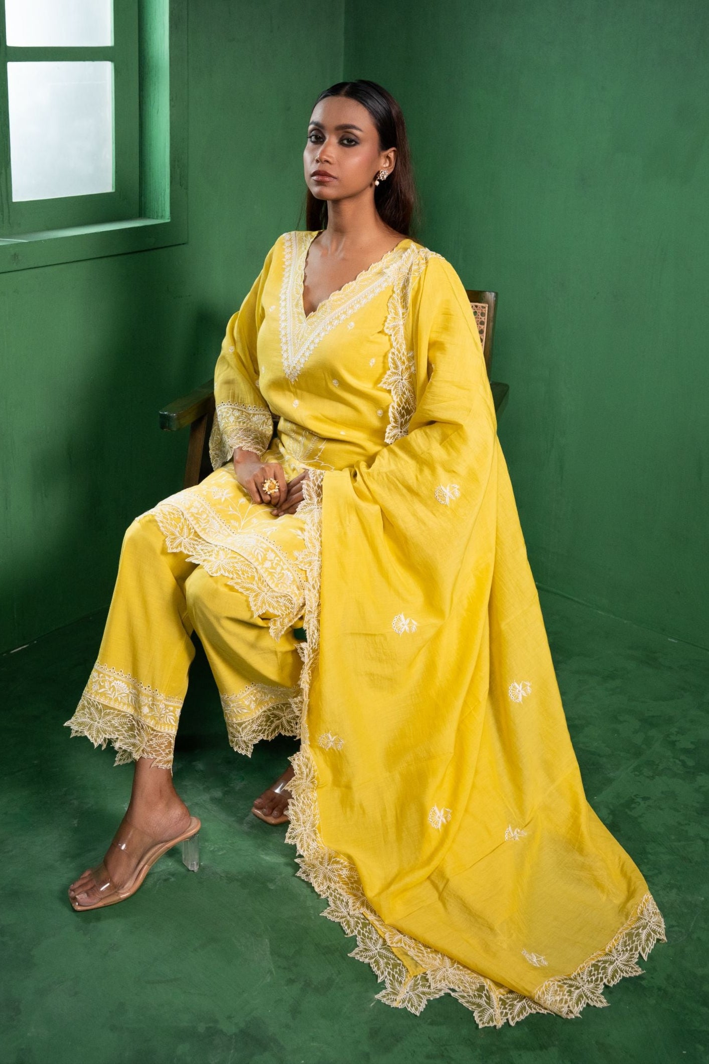 Ruh Mul Chanderi Embroidered Yellow A-Line Suit Set