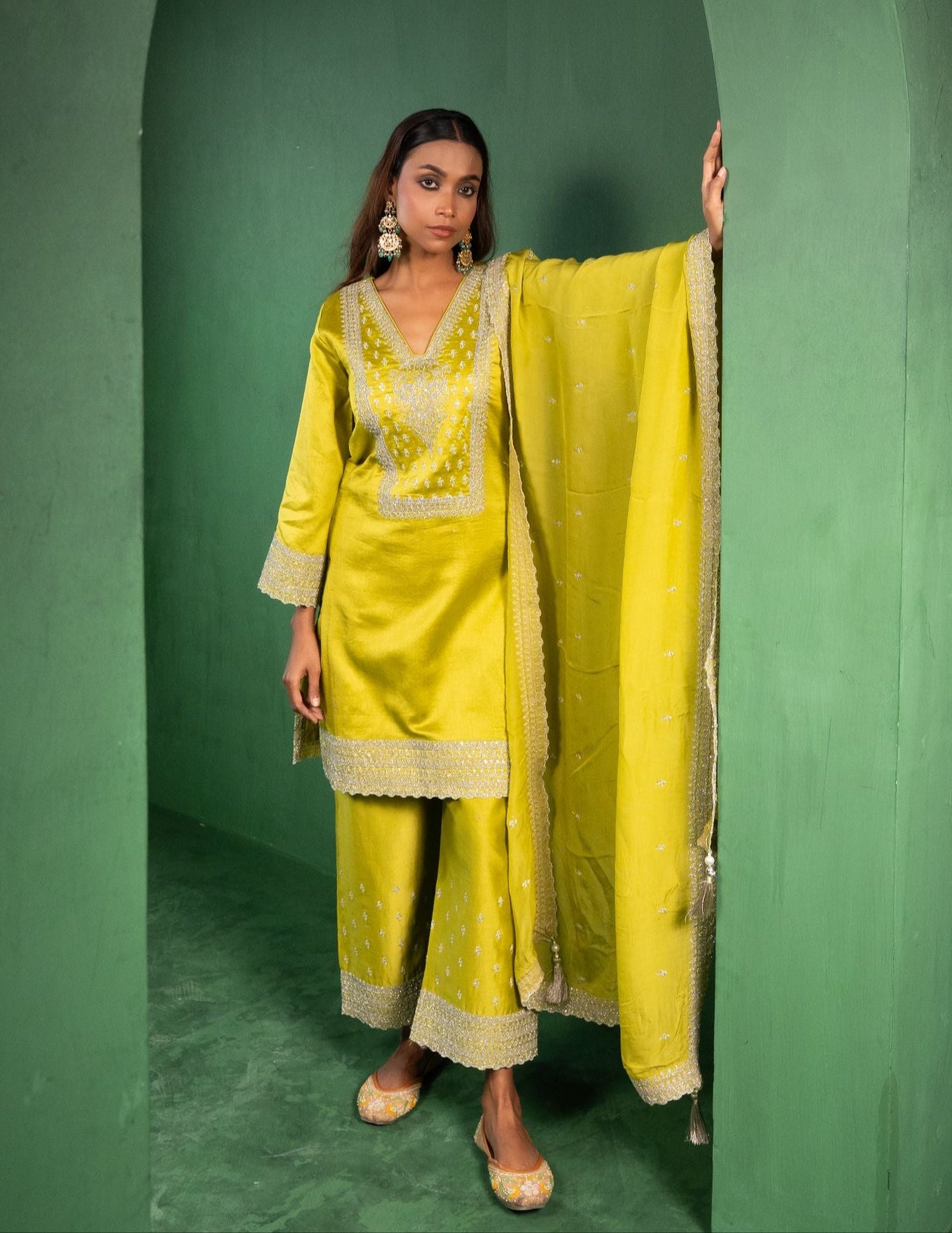 Ehsaas Silk Chanderi Embroidered Lime Green A-Line Suit Set