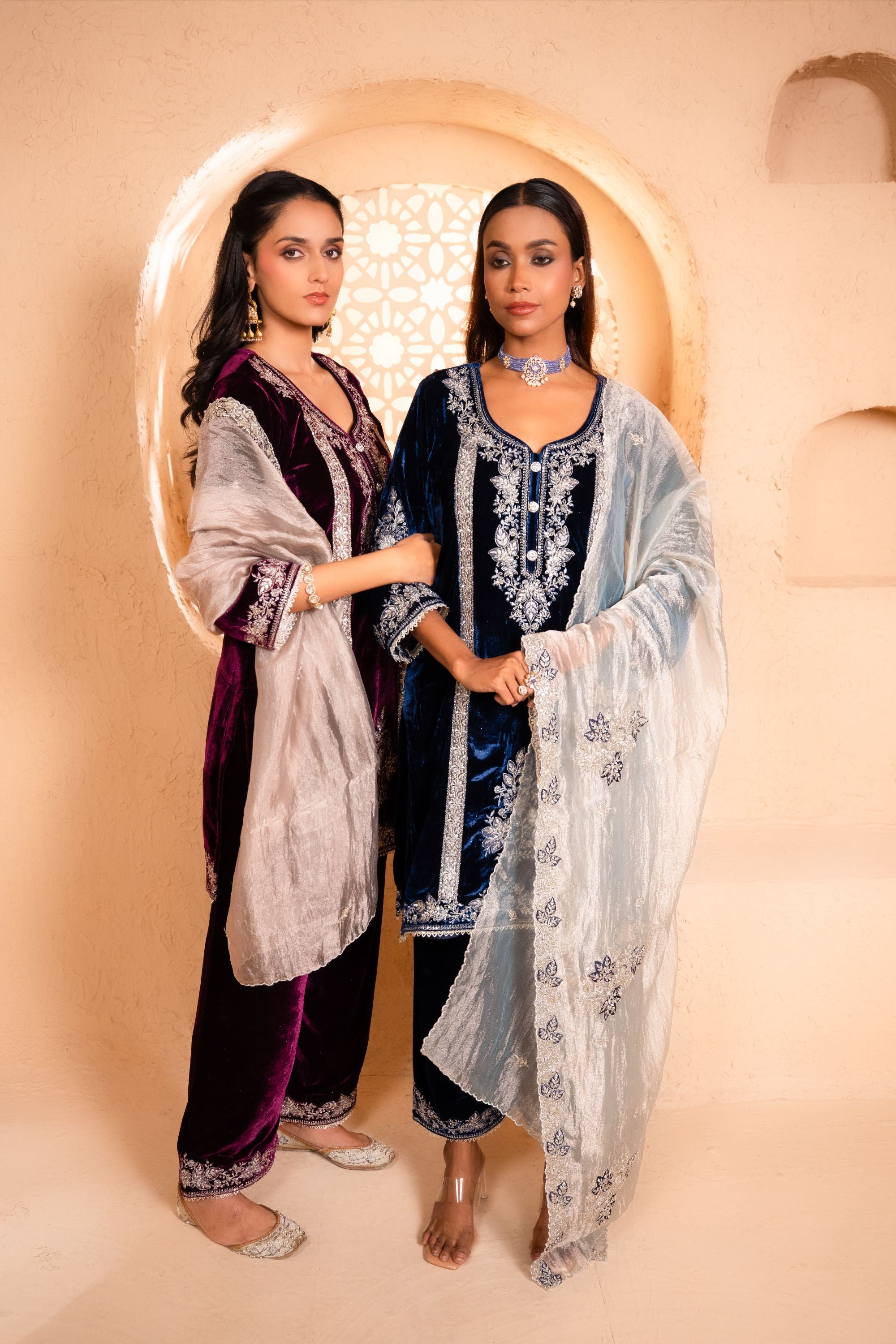 Zariya Silk Velvet Embroidered Navy Blue A-Line Suit Set