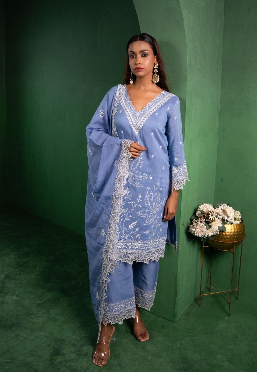 Ruh Mul Chanderi Embroidered Periwinkle A-Line Suit Set