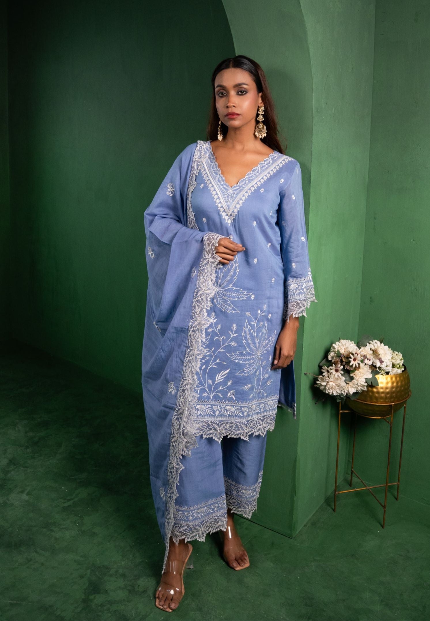 Ruh Mul Chanderi Embroidered Periwinkle A-Line Suit Set
