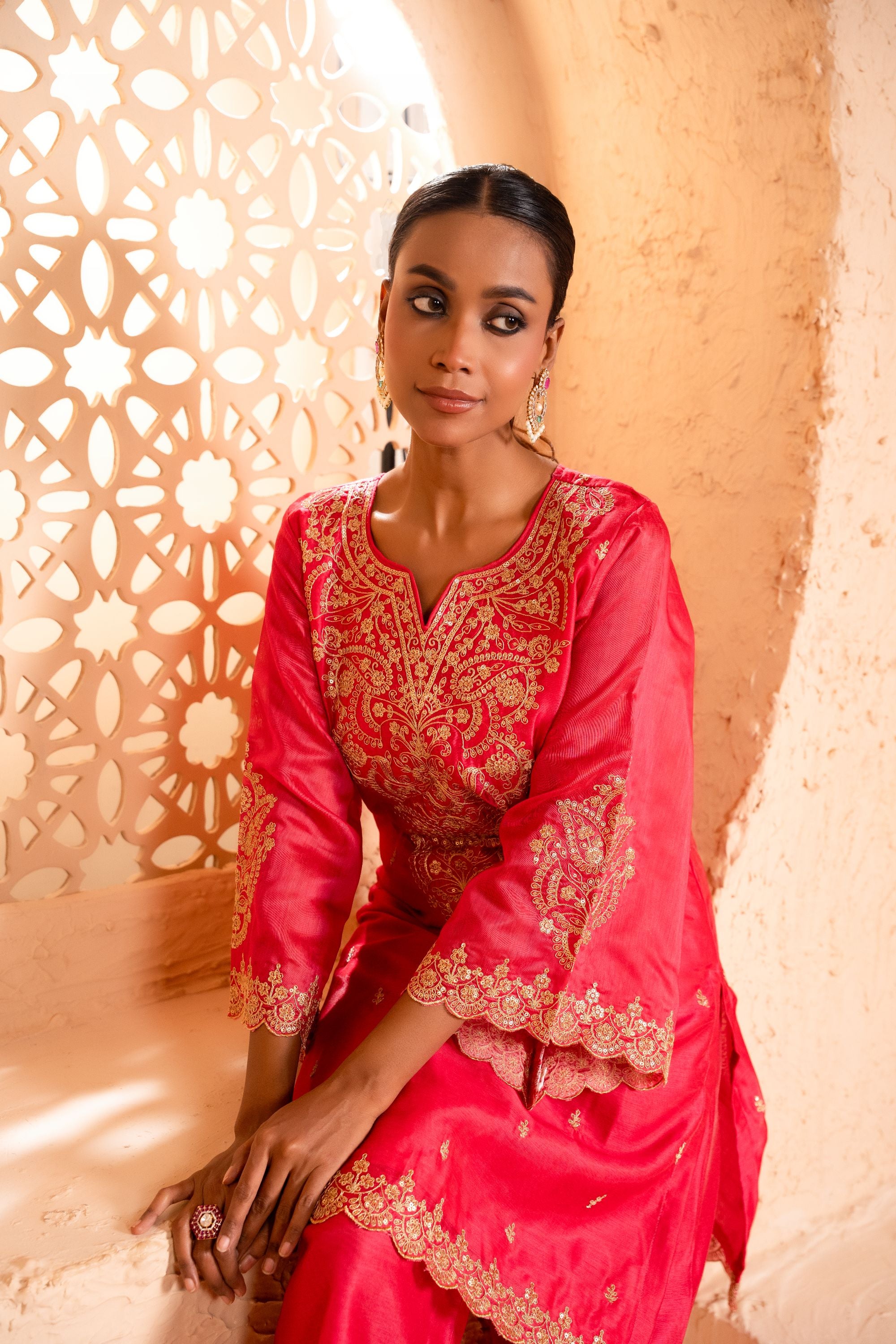 Khwaab Chanderi Embroidered Bright Pink A-Line Suit Set