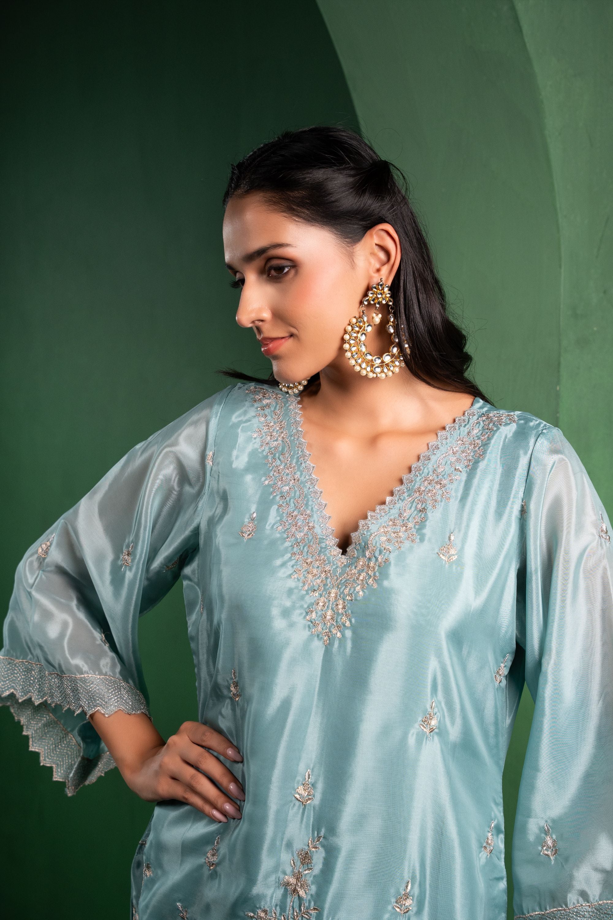 Rang Organza Embroidered Cadet Blue A-Line Kurta with Farsi Salwar