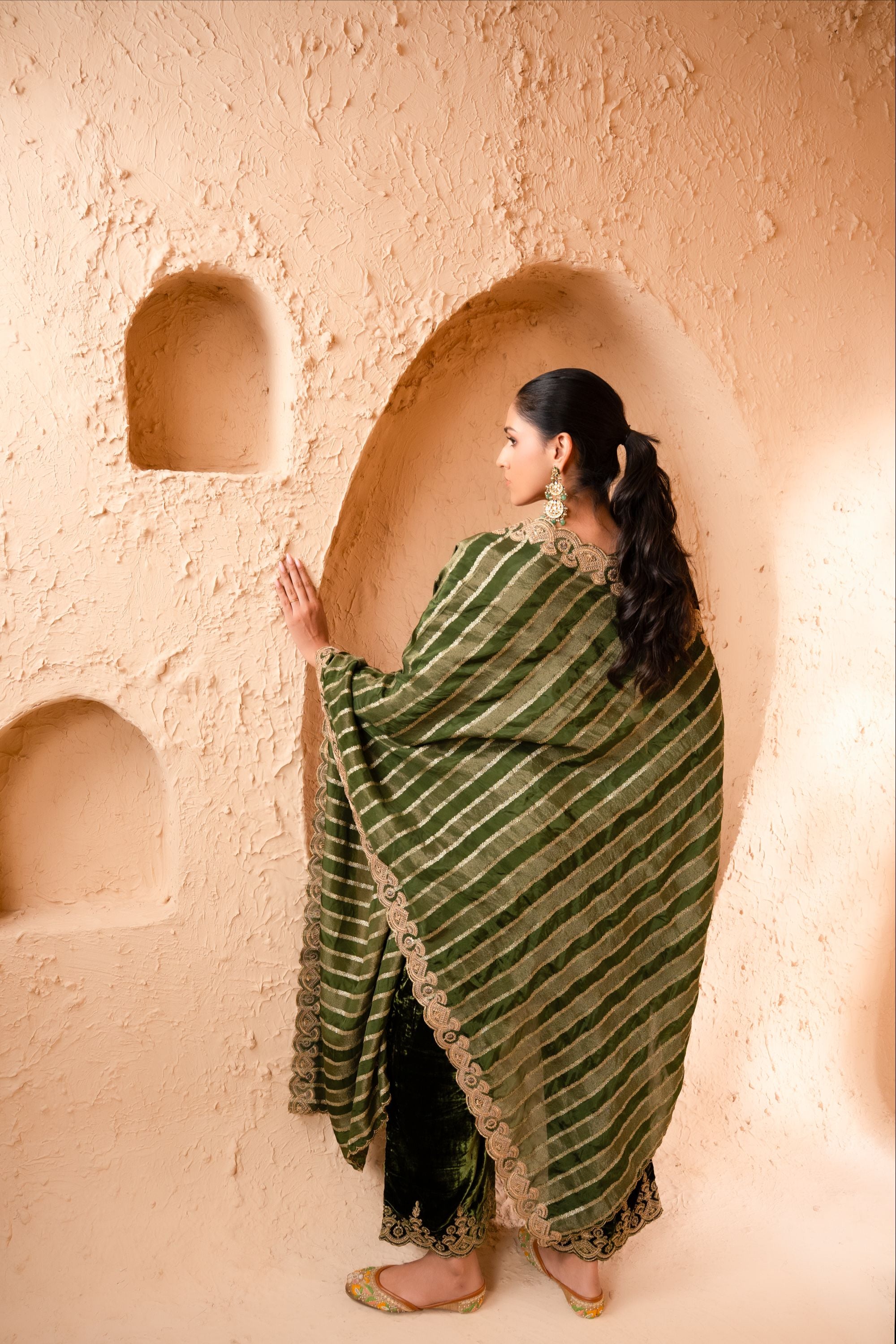 Saaz Silk Velvet Embroidered Mehndi Green A-Line Suit Set