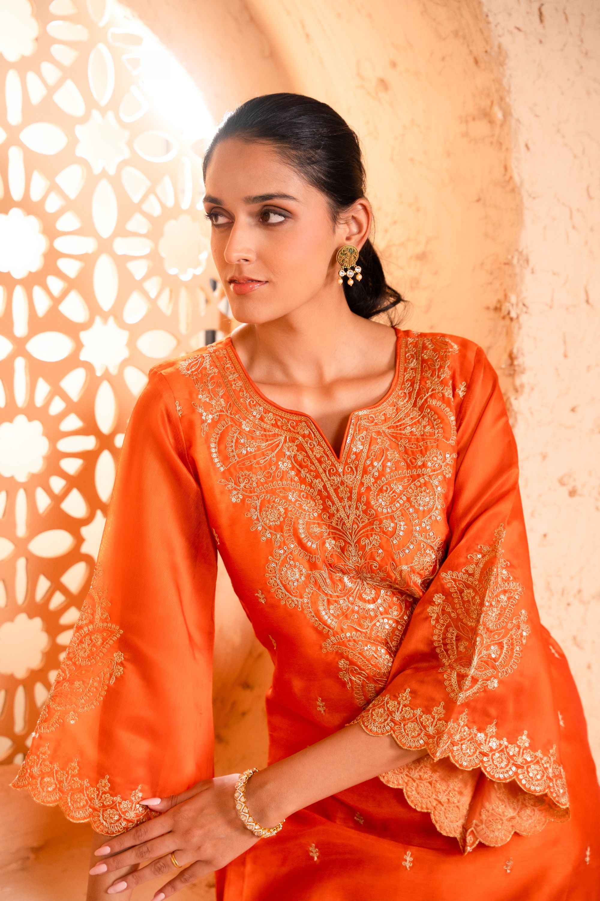 Khwaab Chanderi Embroidered Orange A-Line Suit Set