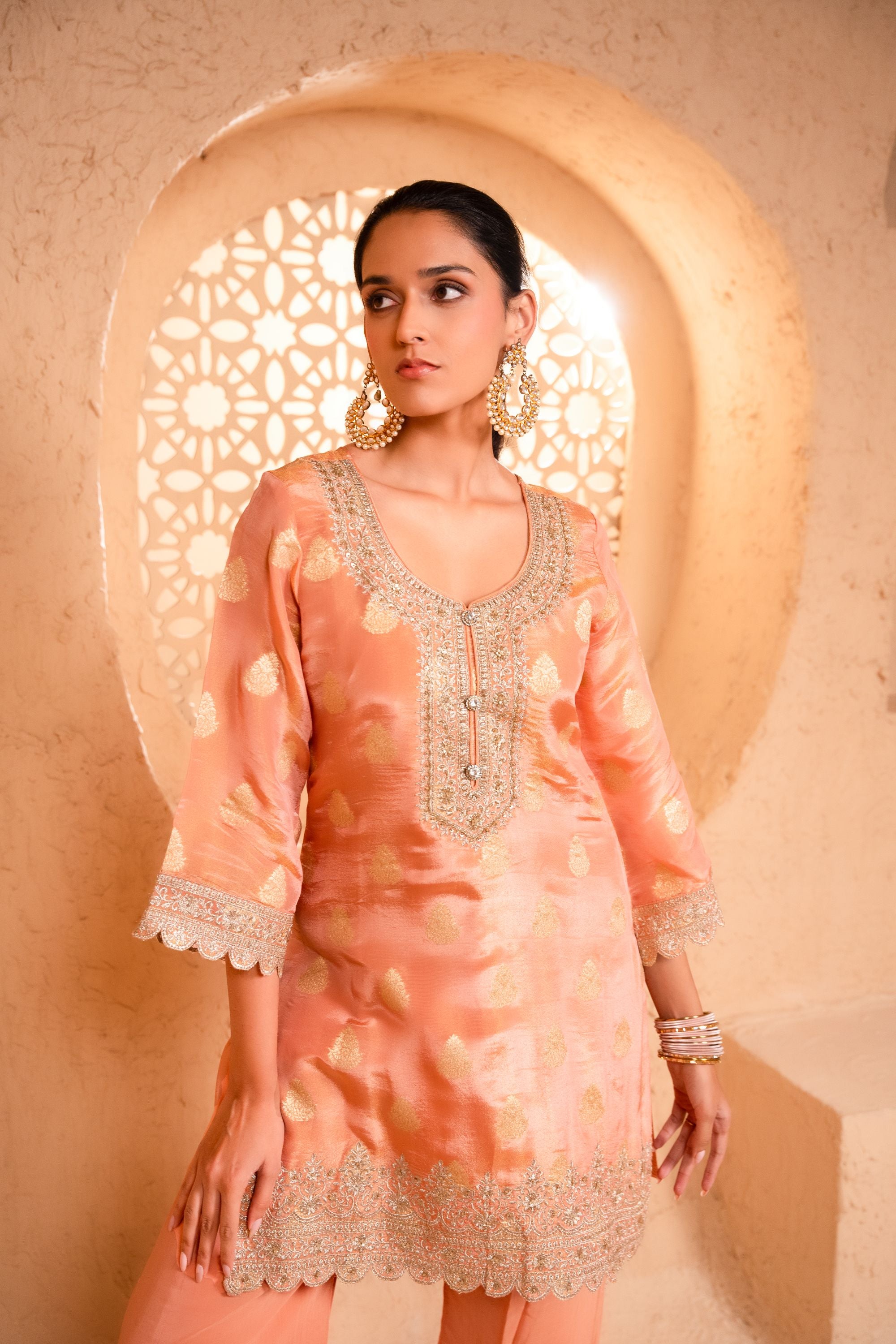 Isvan Tissue Embroidered Peach A-Line Suit Set