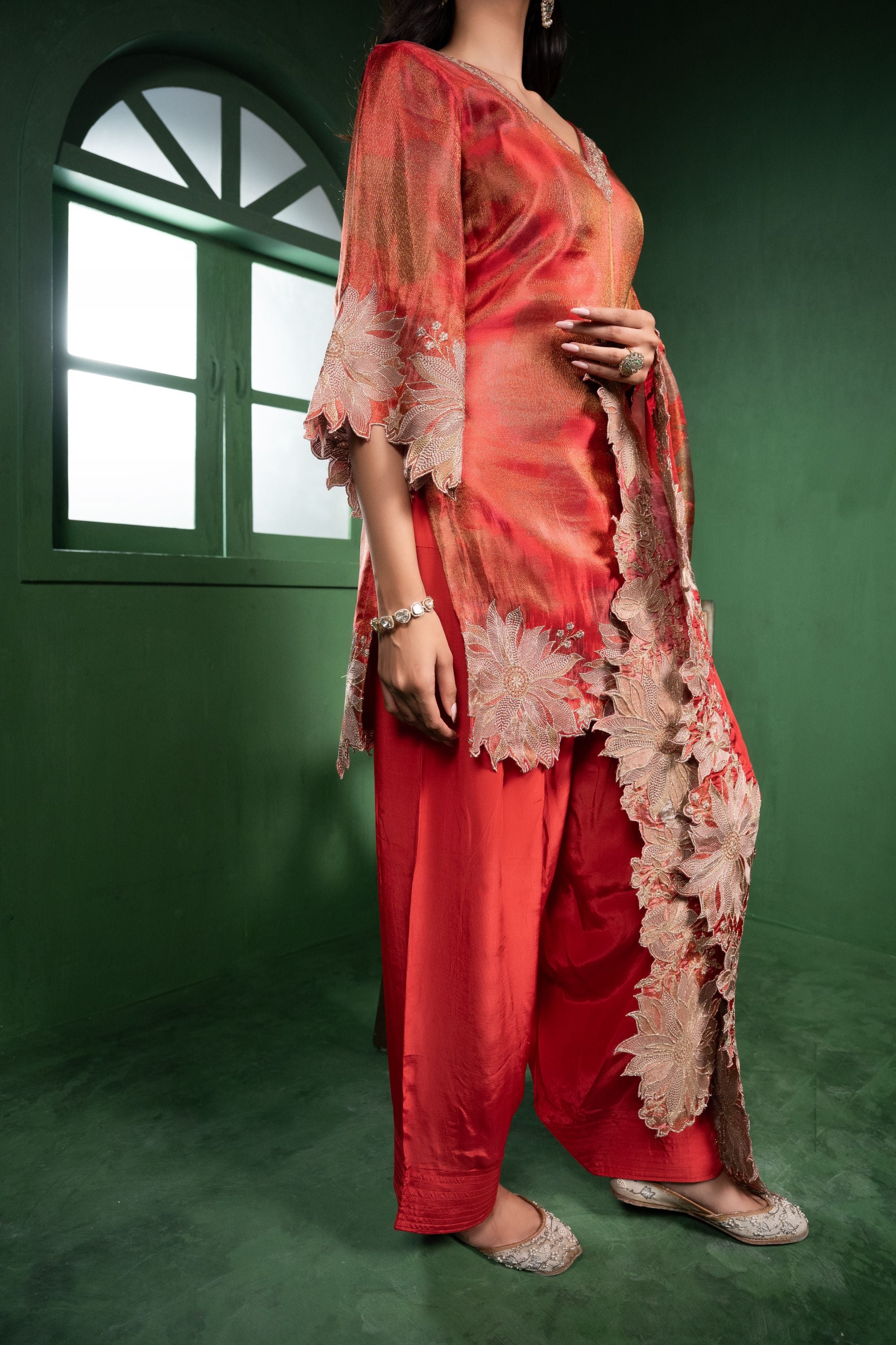 Aas Tissue Embroidered Red A-Line Kurta with Farsi Salwar