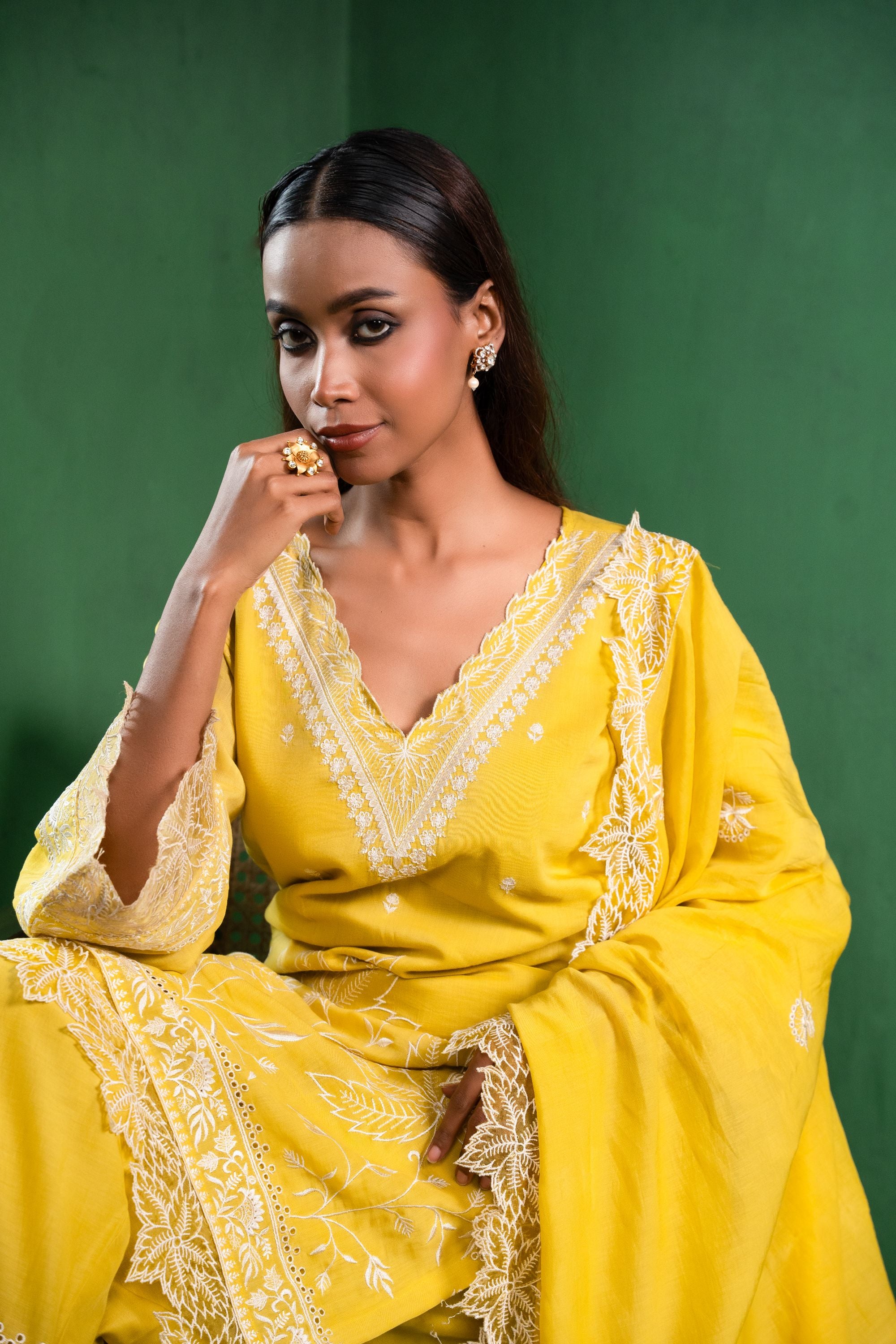 Ruh Mul Chanderi Embroidered Yellow A-Line Suit Set