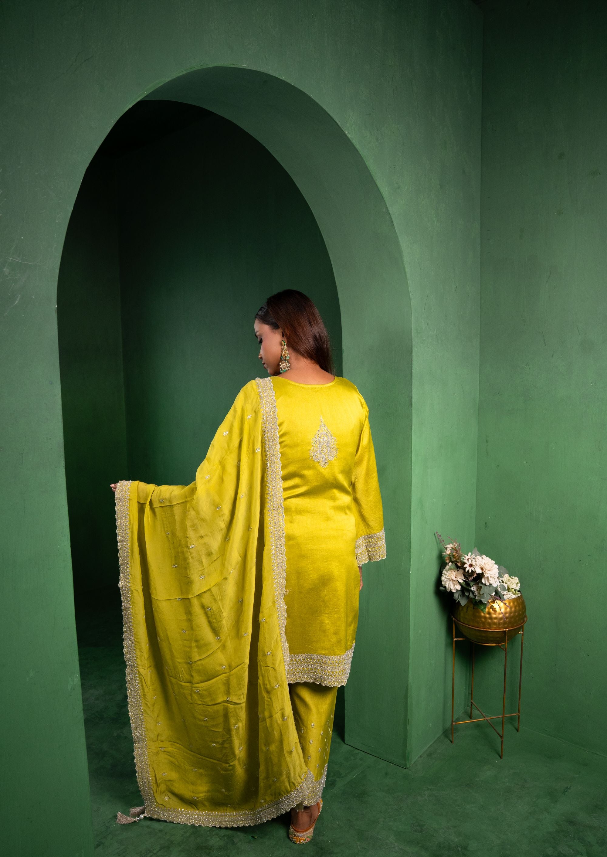 Ehsaas Silk Chanderi Embroidered Lime Green A-Line Suit Set