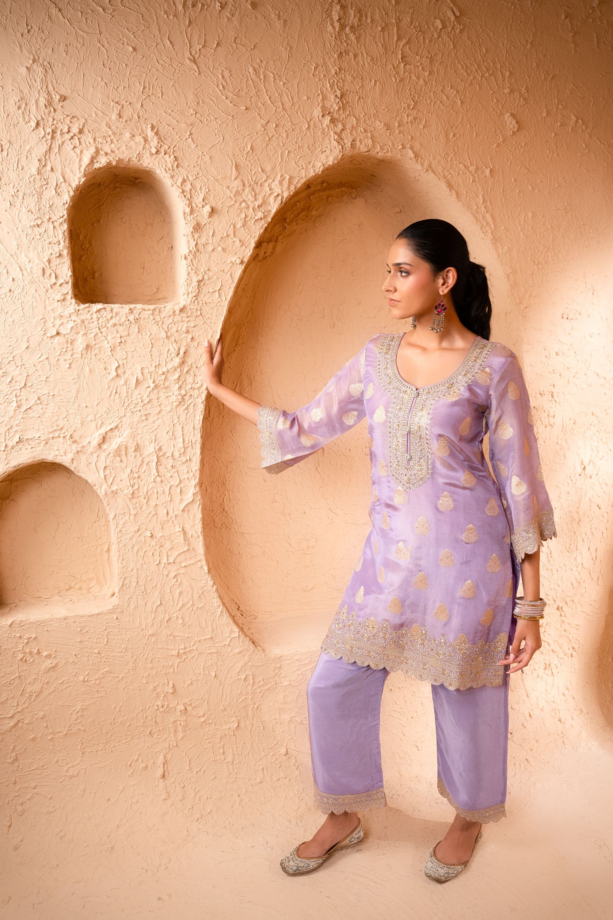 Isvan Tissue Embroidered Lavender A-Line Suit Set