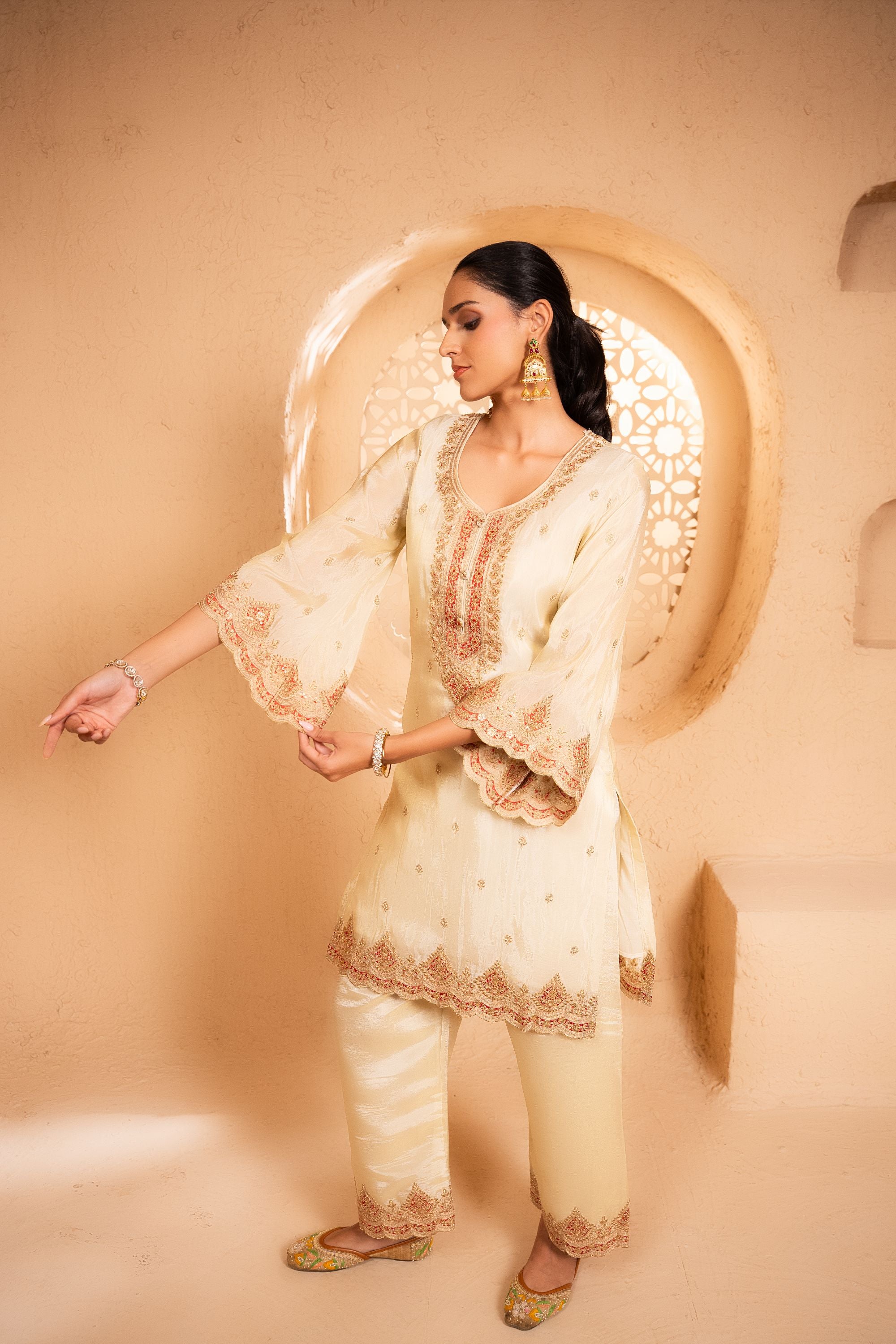 Sargi Tissue Embroidered Cream A-Line Suit Set