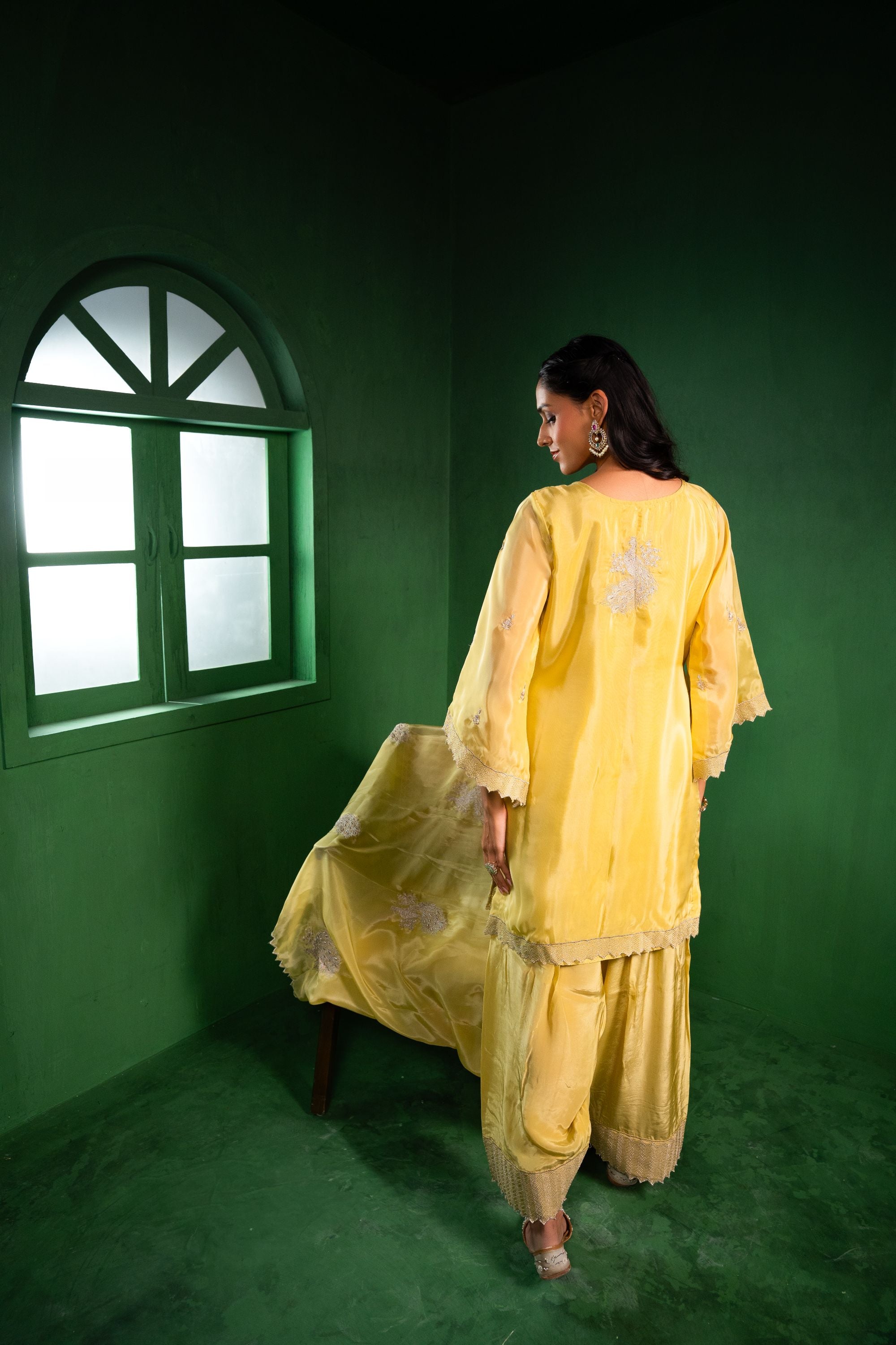 Rang Organza Embroidered Yellow A-Line Kurta with Farsi Salwar