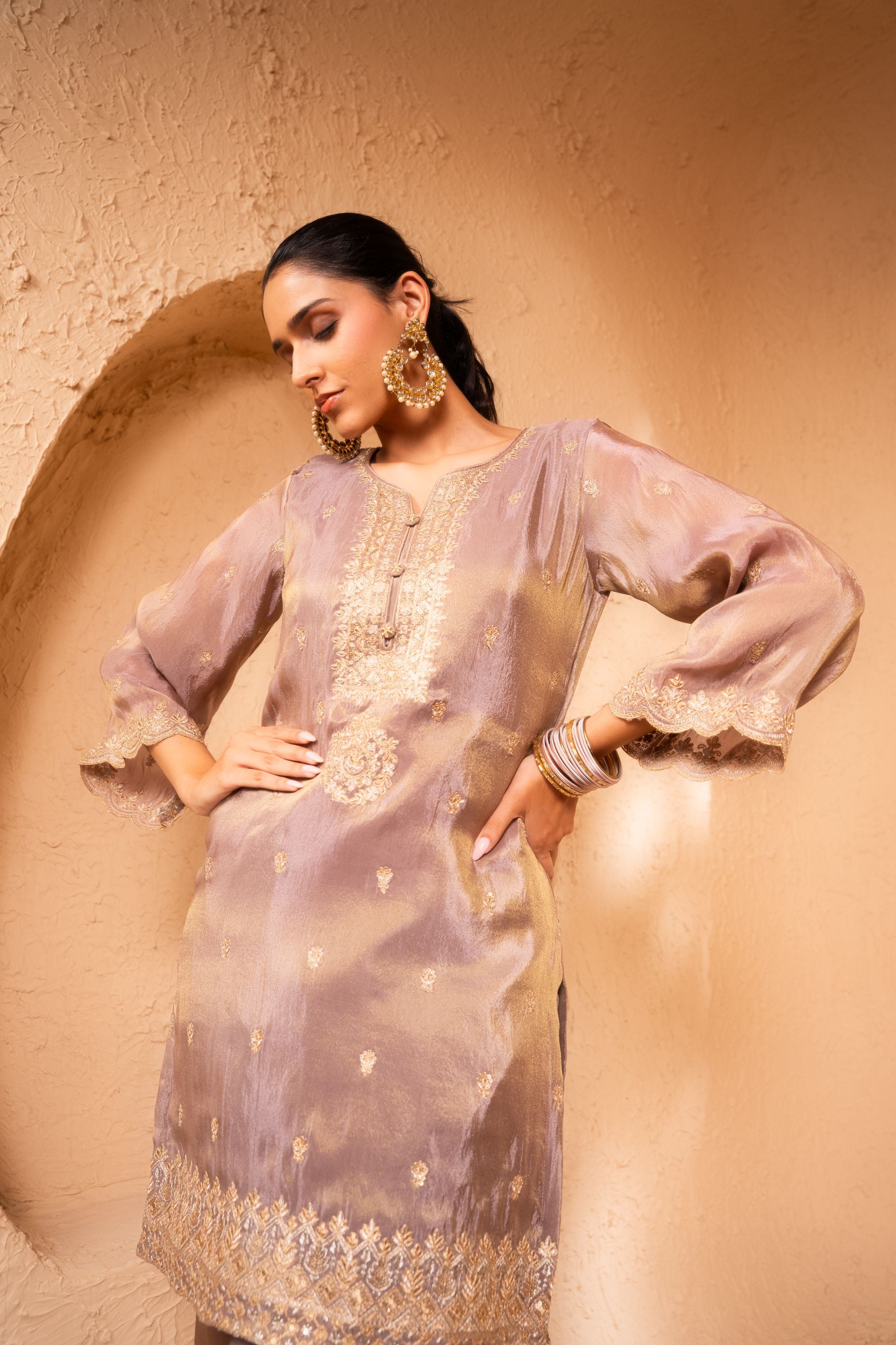 Leher Tissue Embroidered Lavender A-Line Suit Set