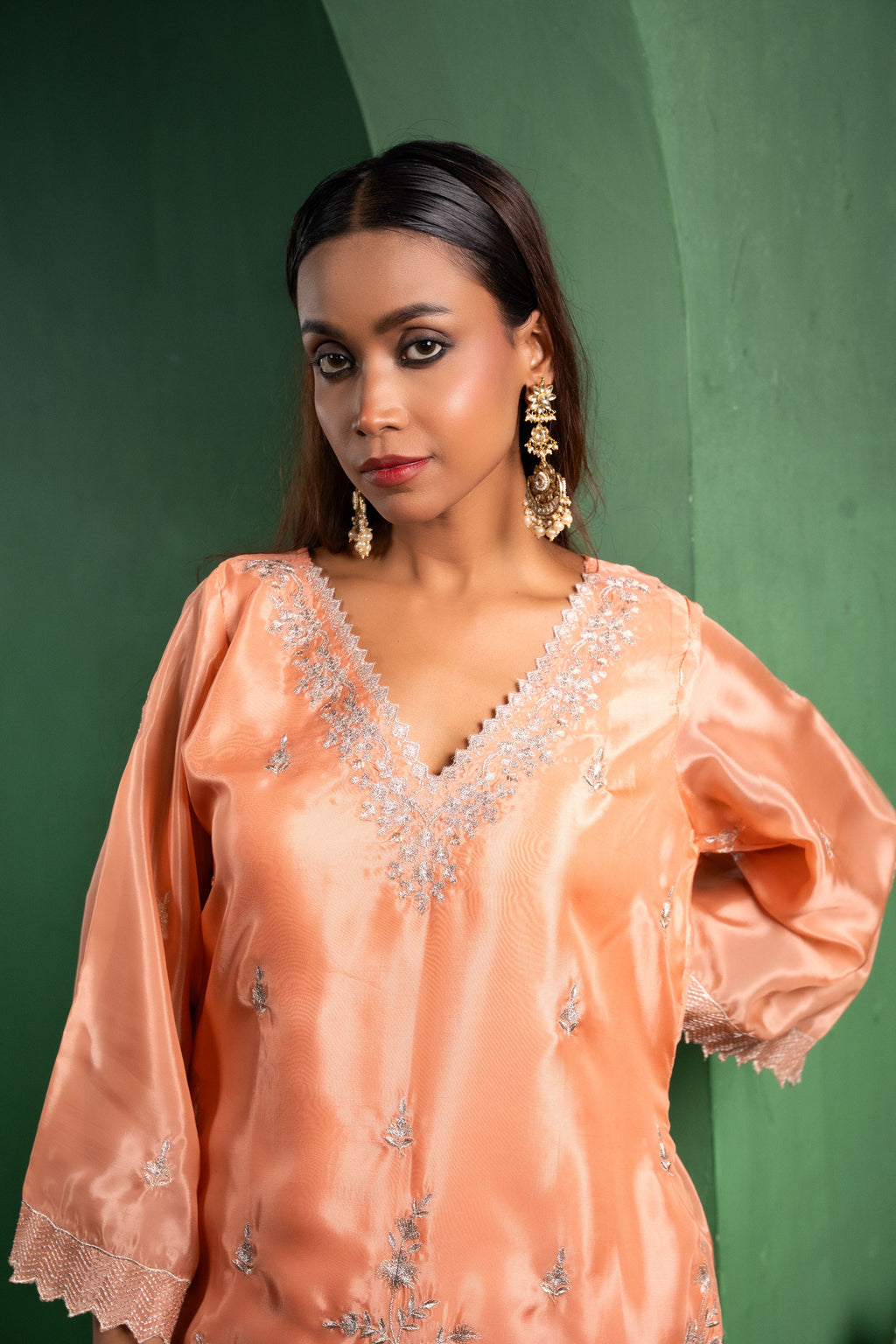 Rang Organza Embroidered Peach A-Line Kurta with Farsi Salwar