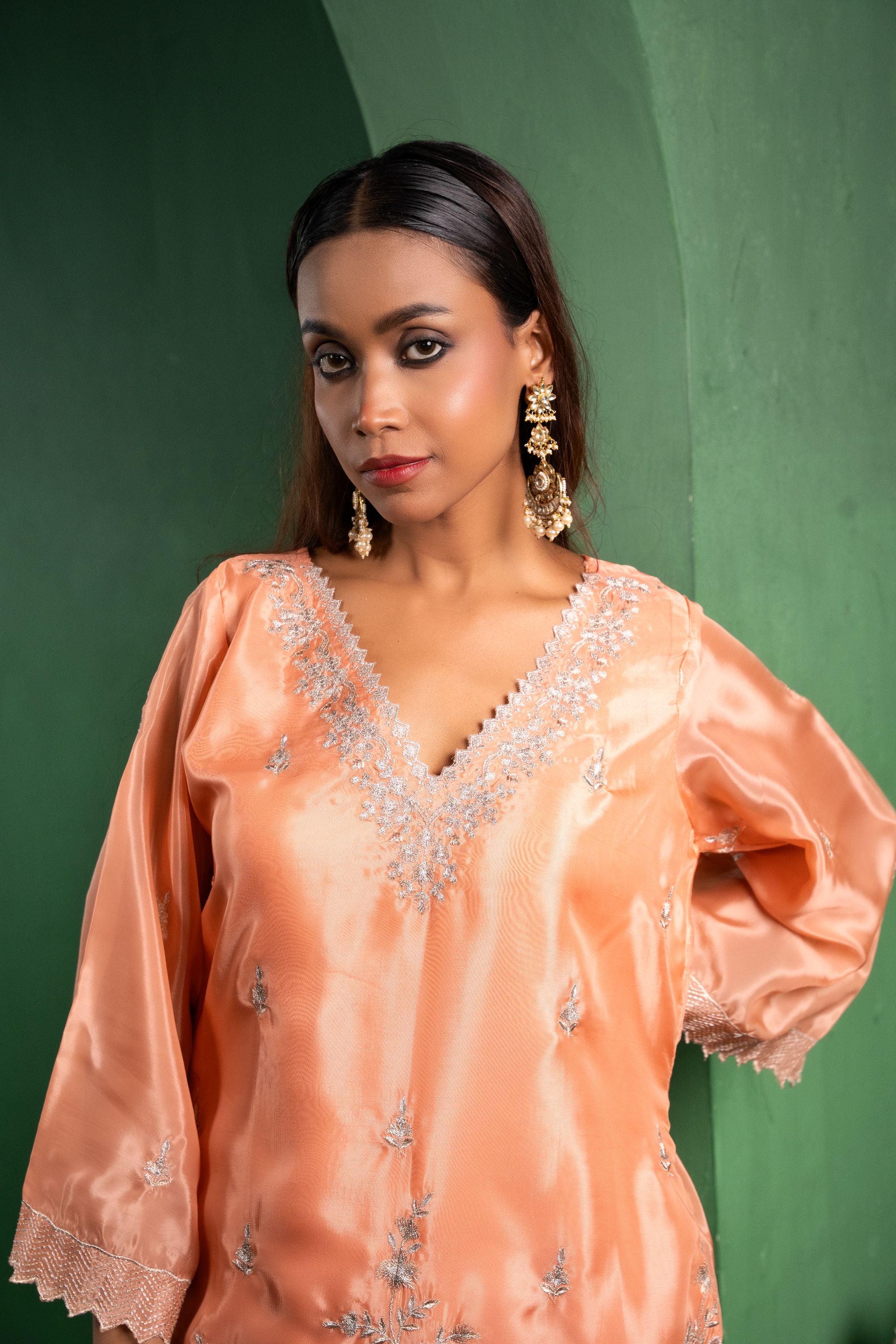 Rang Organza Embroidered Peach A-Line Kurta with Farsi Salwar