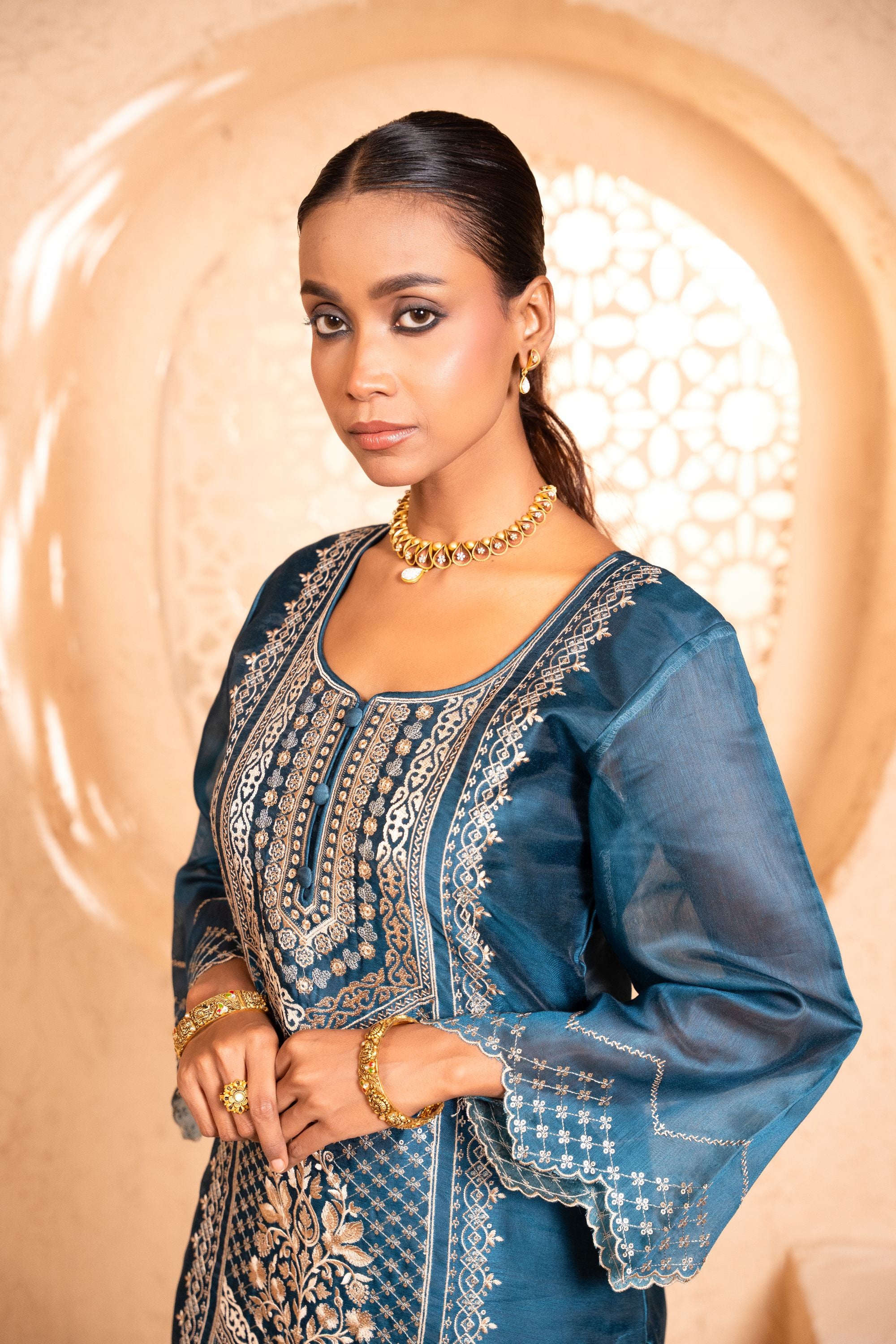Sanjh Chanderi Embroidered Navy Blue A-Line Suit Set