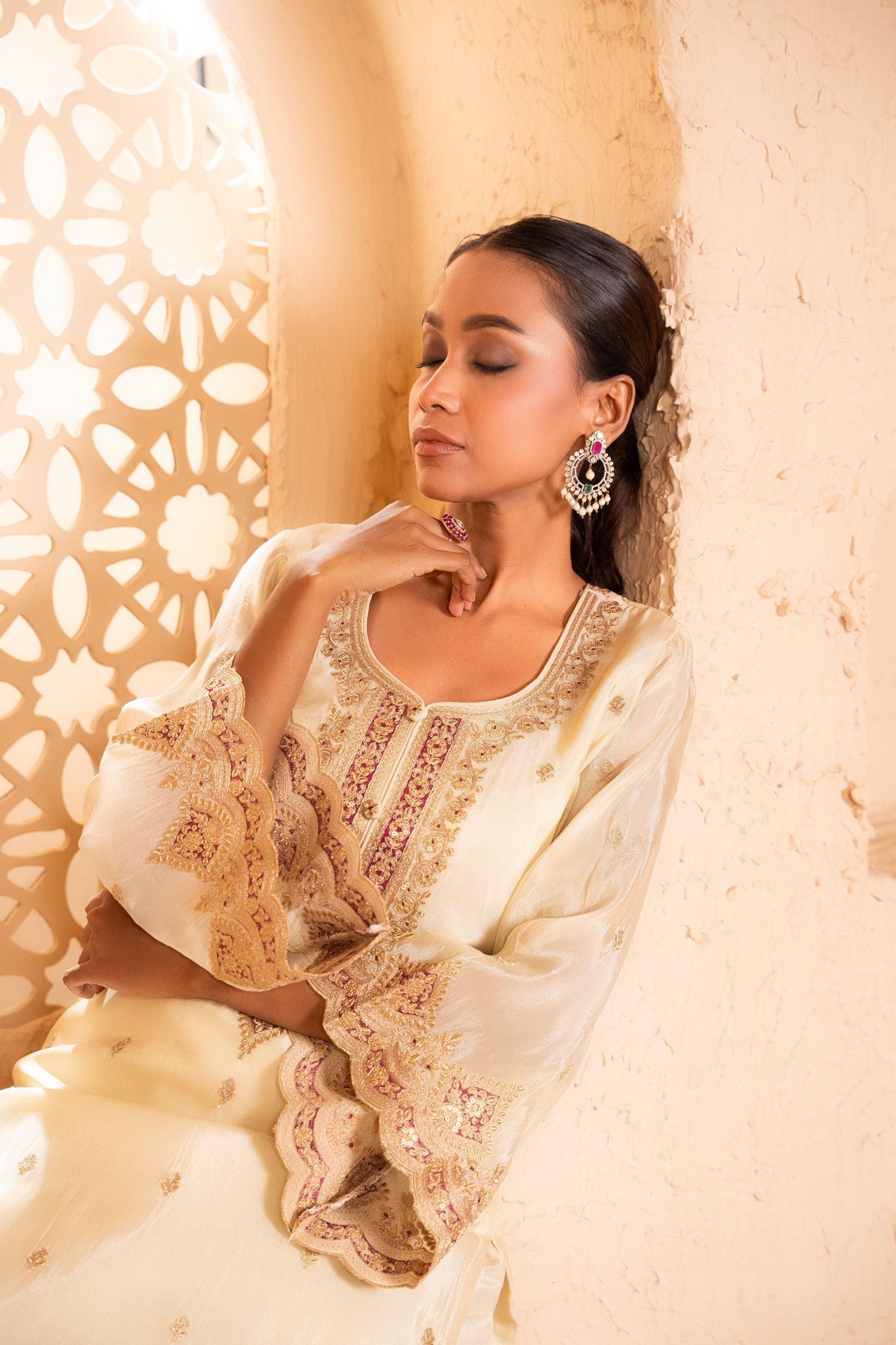 Sargi Tissue Embroidered Cream A-Line Suit Set