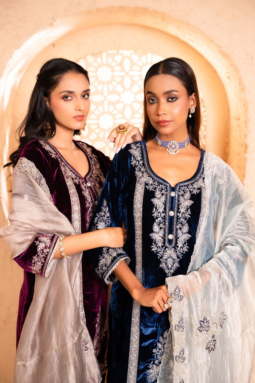 Zariya Silk Velvet Embroidered Navy Blue A-Line Suit Set